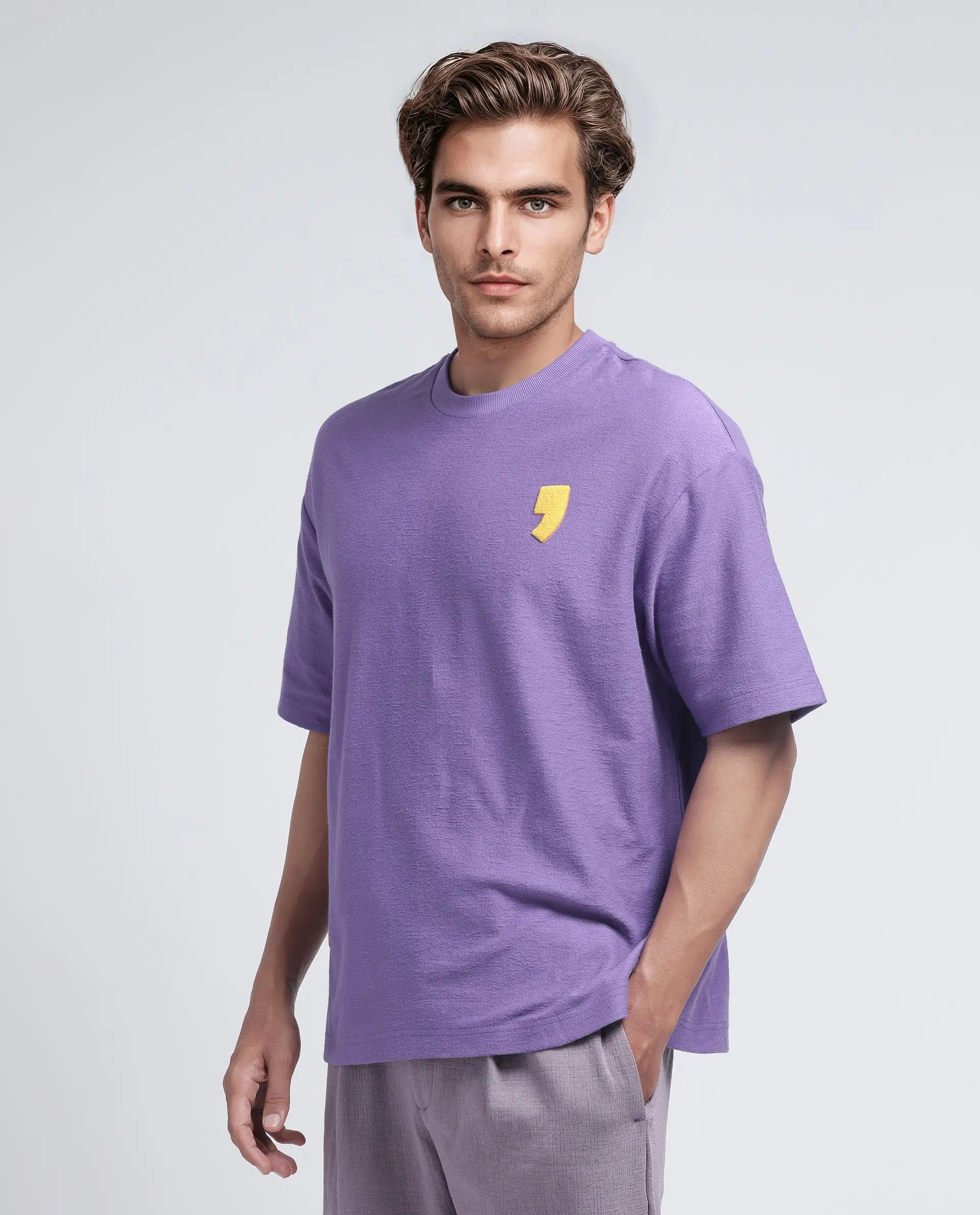 Rare Rabbit Men Marsa Purple Cotton Blend Short Sleeve Slip-On Oversized Fit Jacquard T-Shirt