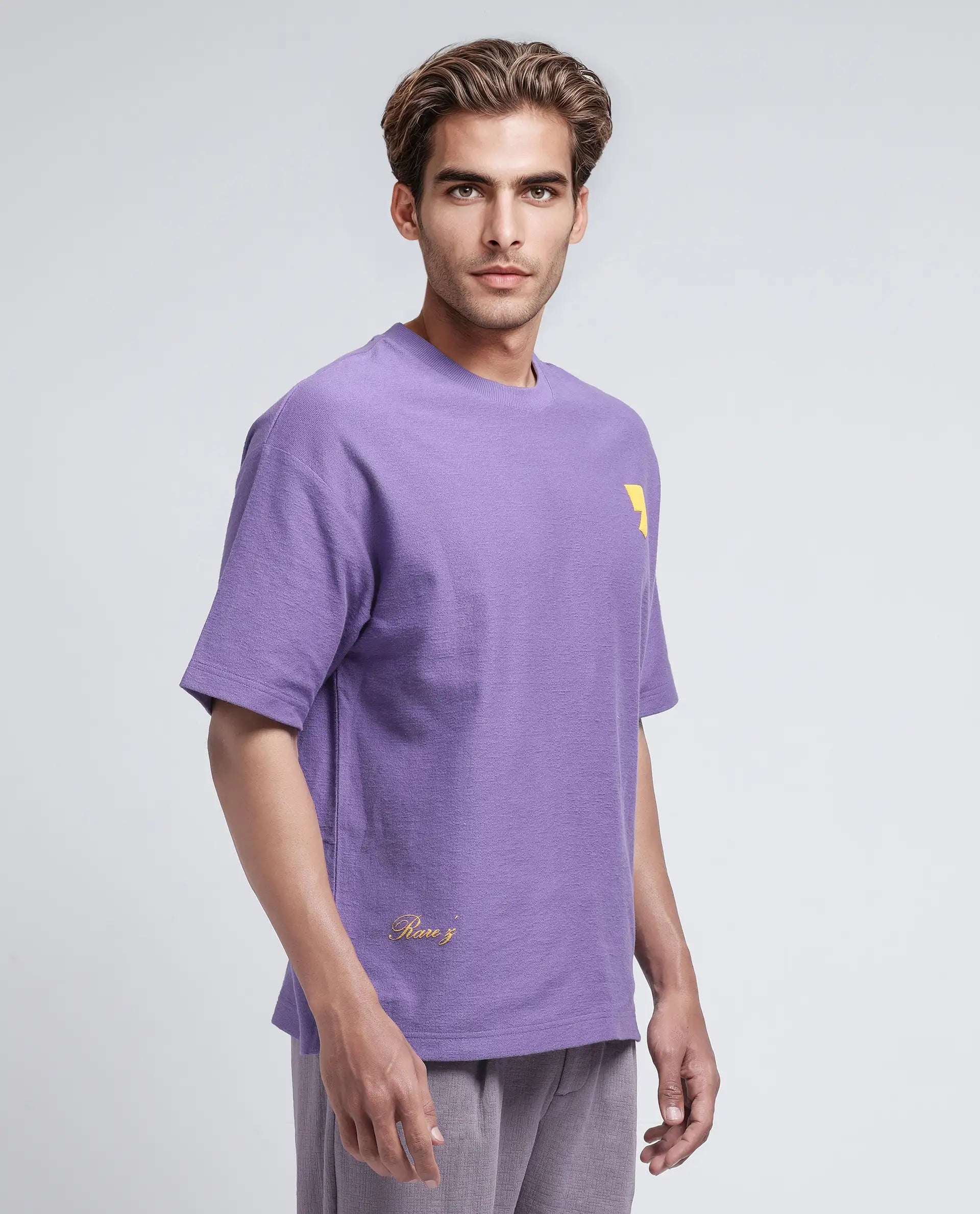 Rare Rabbit Men Marsa Purple Cotton Blend Short Sleeve Slip-On Oversized Fit Jacquard T-Shirt
