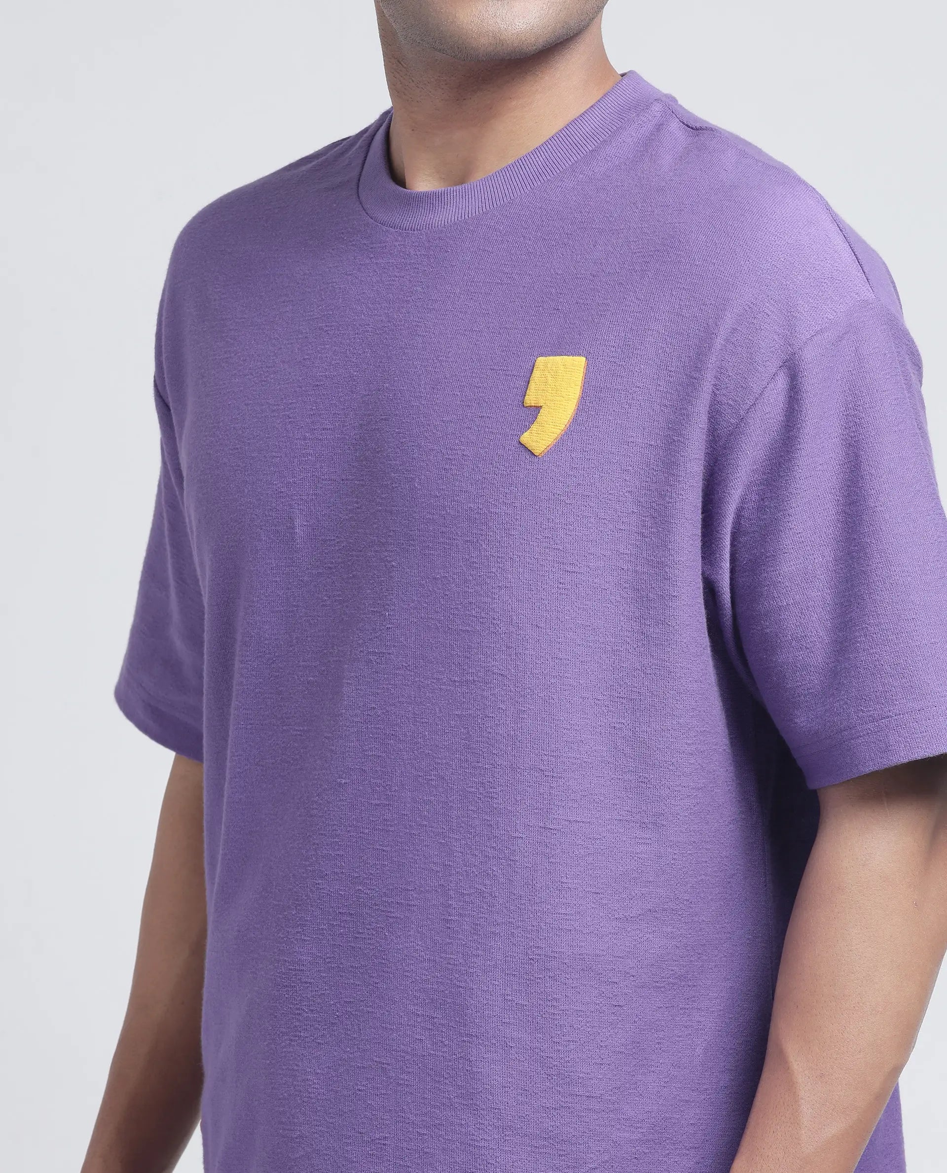 Rare Rabbit Men Marsa Purple Cotton Blend Short Sleeve Slip-On Oversized Fit Jacquard T-Shirt