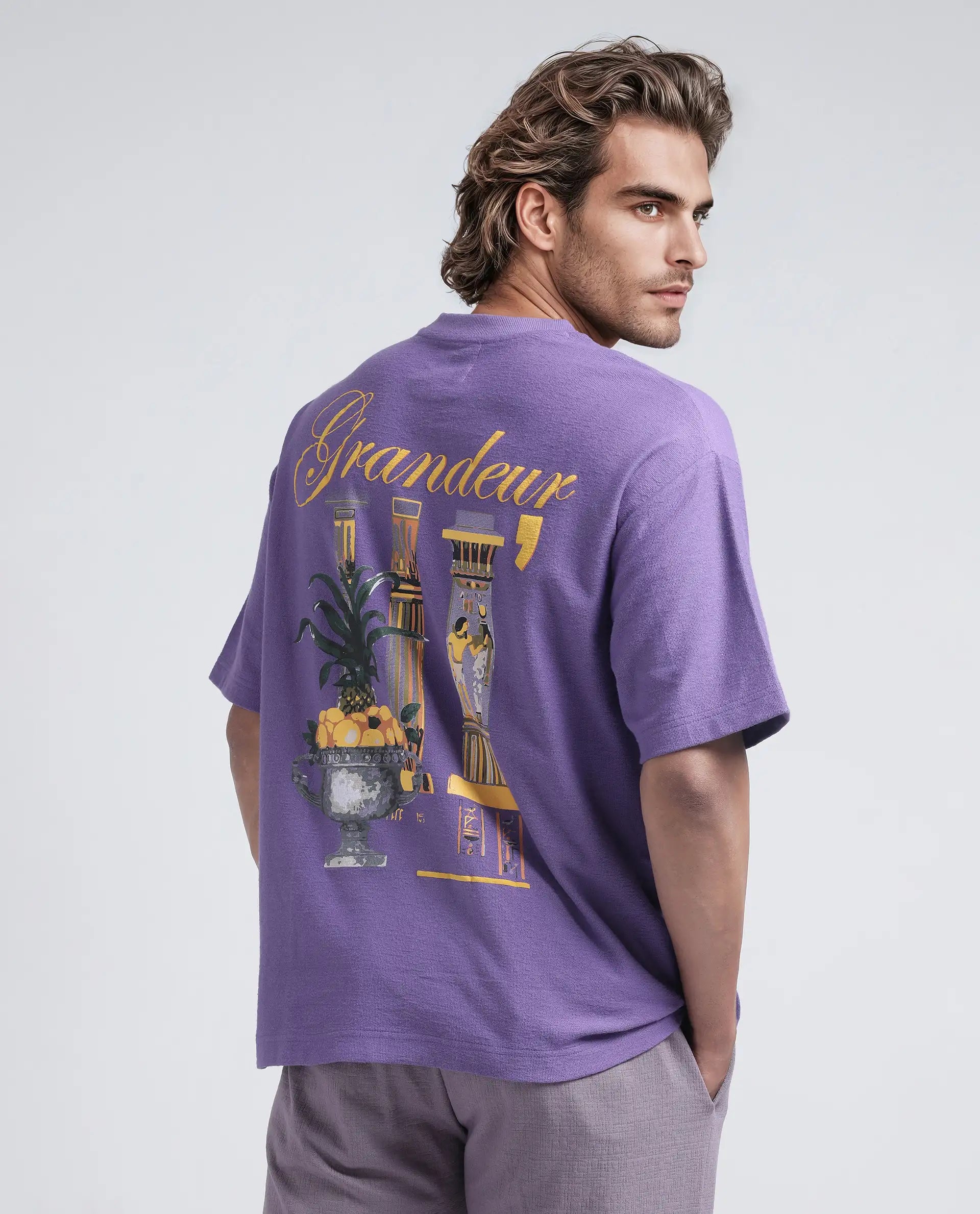 Rare Rabbit Men Marsa Purple Cotton Blend Short Sleeve Slip-On Oversized Fit Jacquard T-Shirt