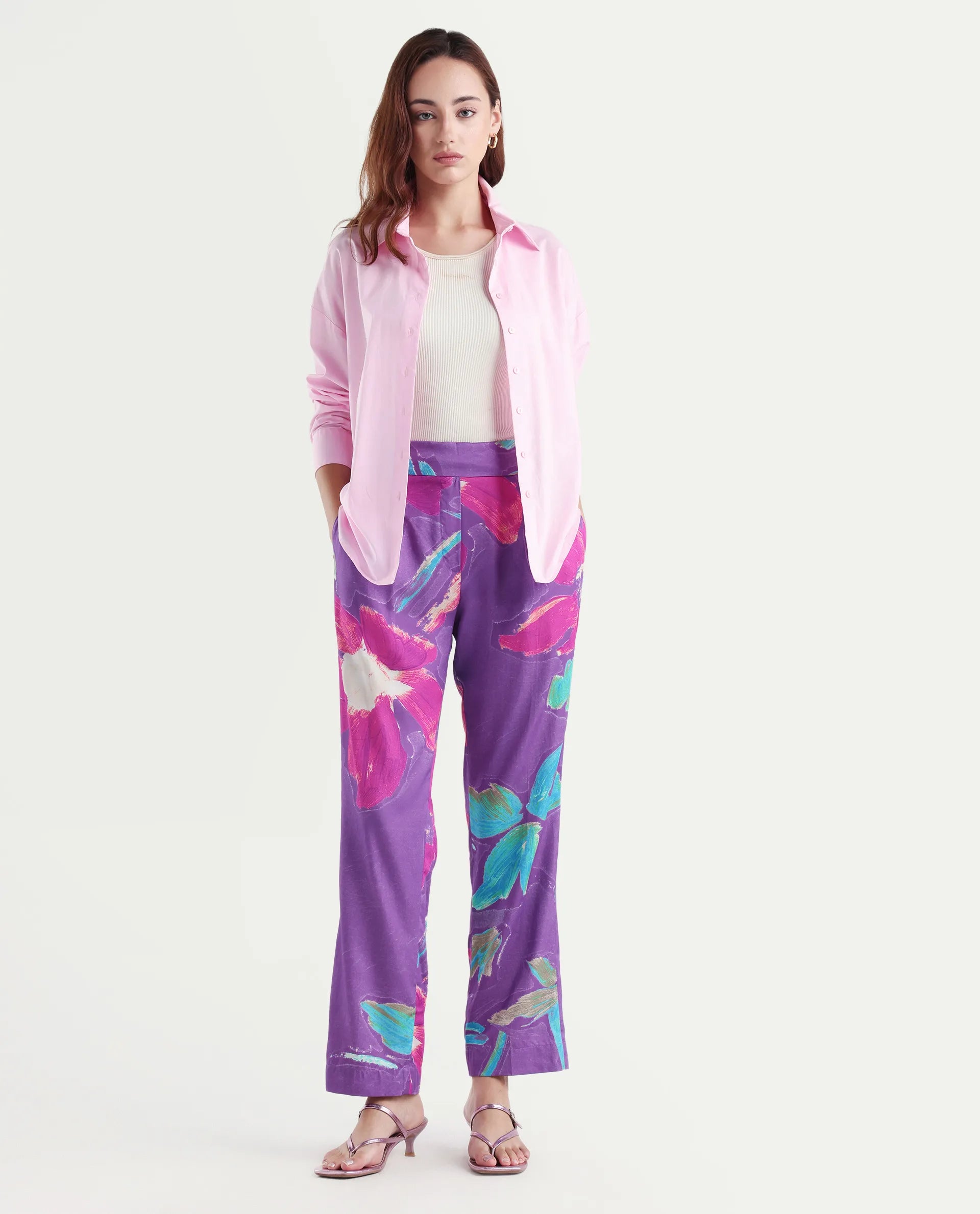 Rareism Women's Martin Dark Blue Cotton Floral Print Ankle Length Relaxed Fit Trouser