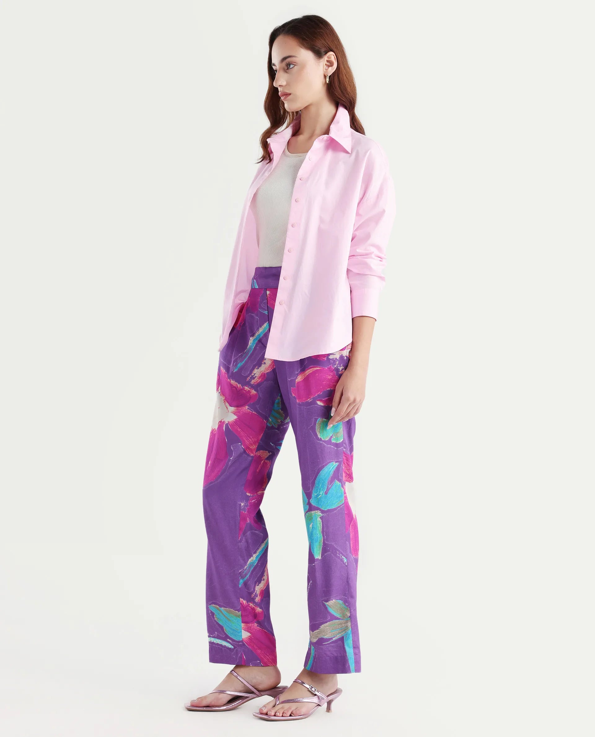 Rareism Women's Martin Dark Blue Cotton Floral Print Ankle Length Relaxed Fit Trouser