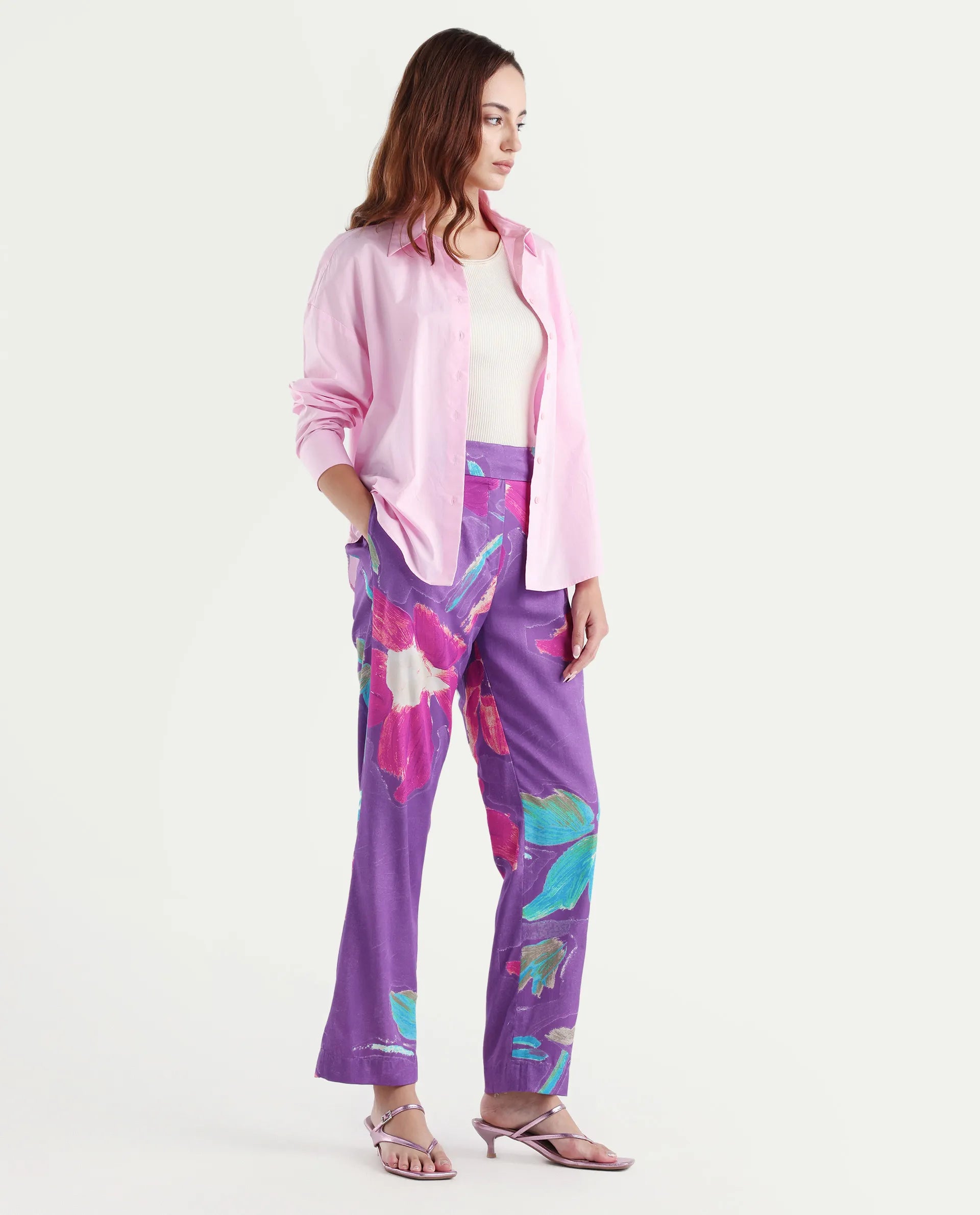 Rareism Women's Martin Dark Blue Cotton Floral Print Ankle Length Relaxed Fit Trouser