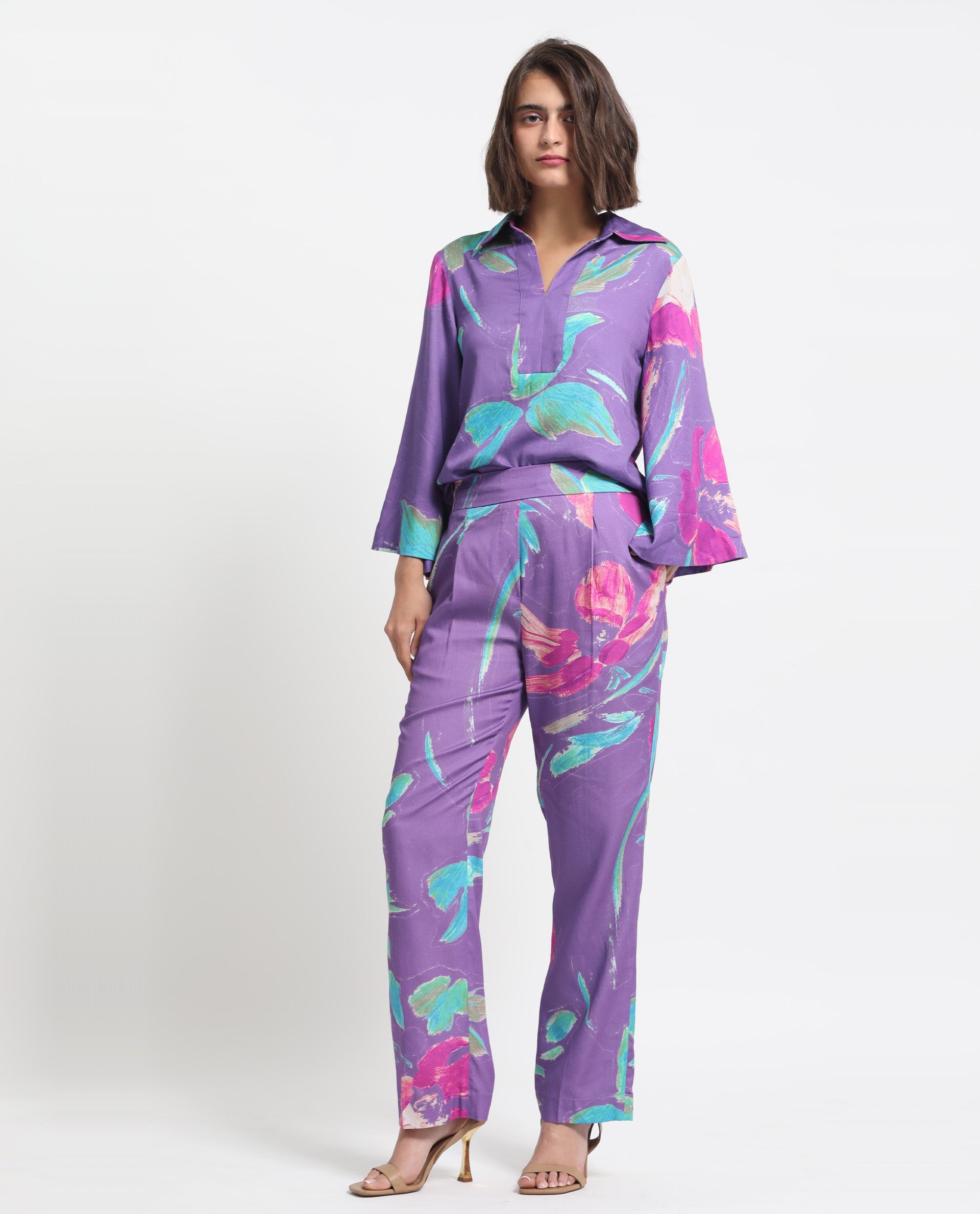 Rareism Women Martin Dark Blue Cotton Fabric Drawstring Closure Relaxed Fit Floral Print Ankle Length Trousers