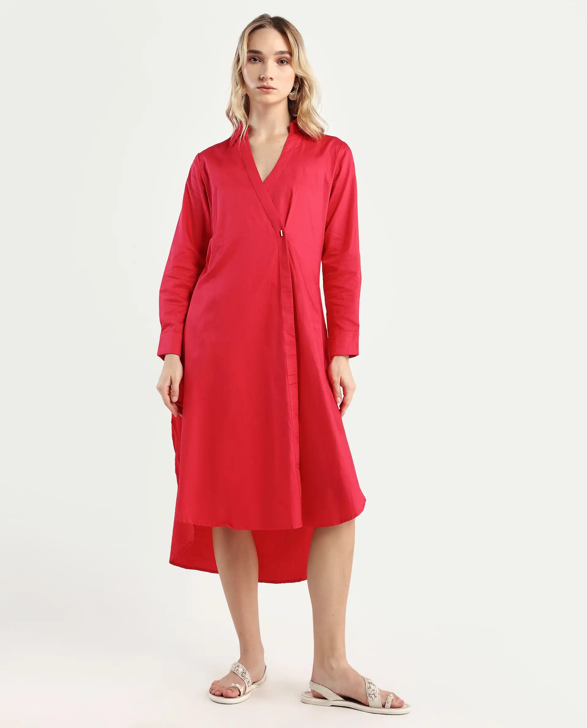 Rareism Women's Marunara Red Cotton Blend Johnny Collar Plain Cuffed Sleeve Midi Relaxed Fit Dress