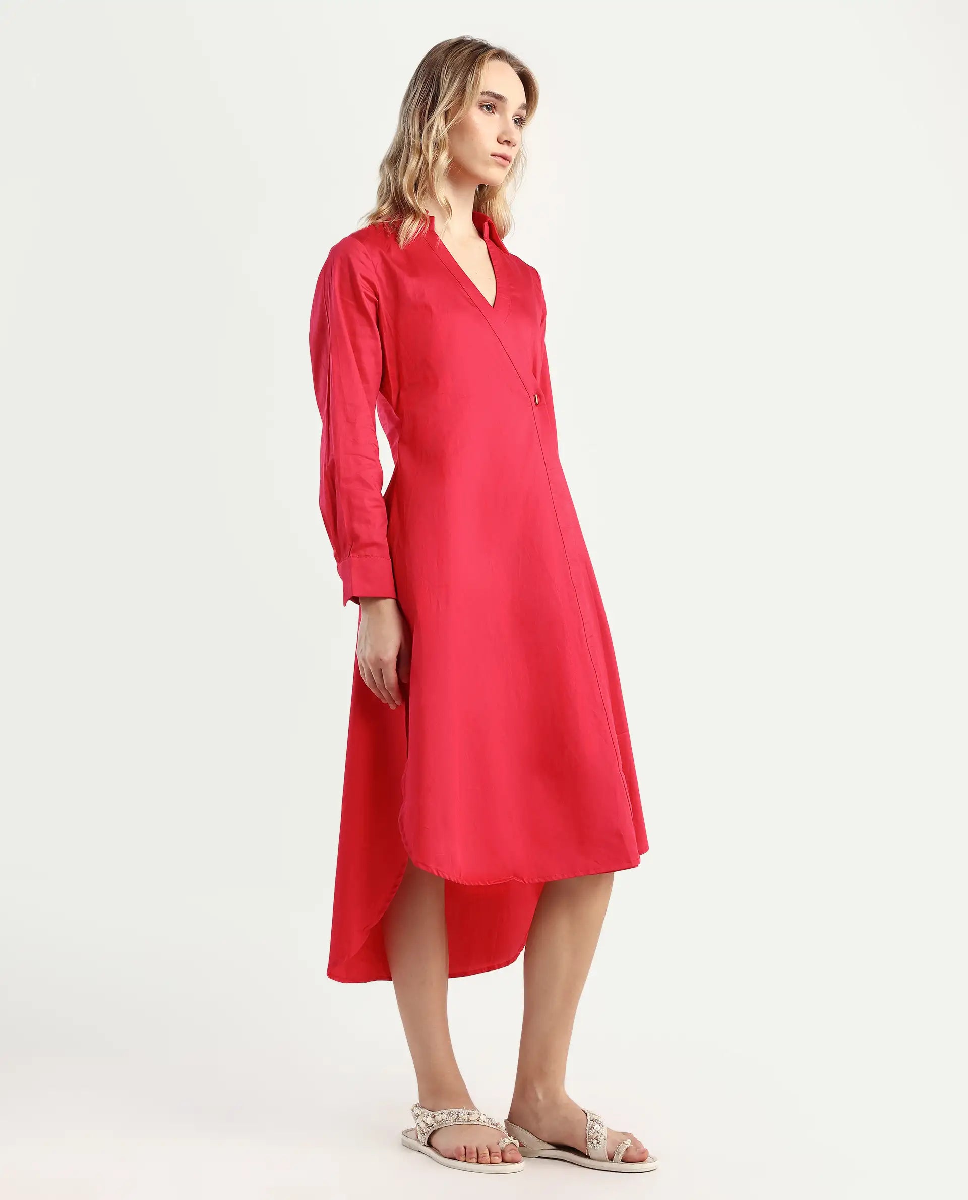 Rareism Women's Marunara Red Cotton Blend Johnny Collar Plain Cuffed Sleeve Midi Relaxed Fit Dress