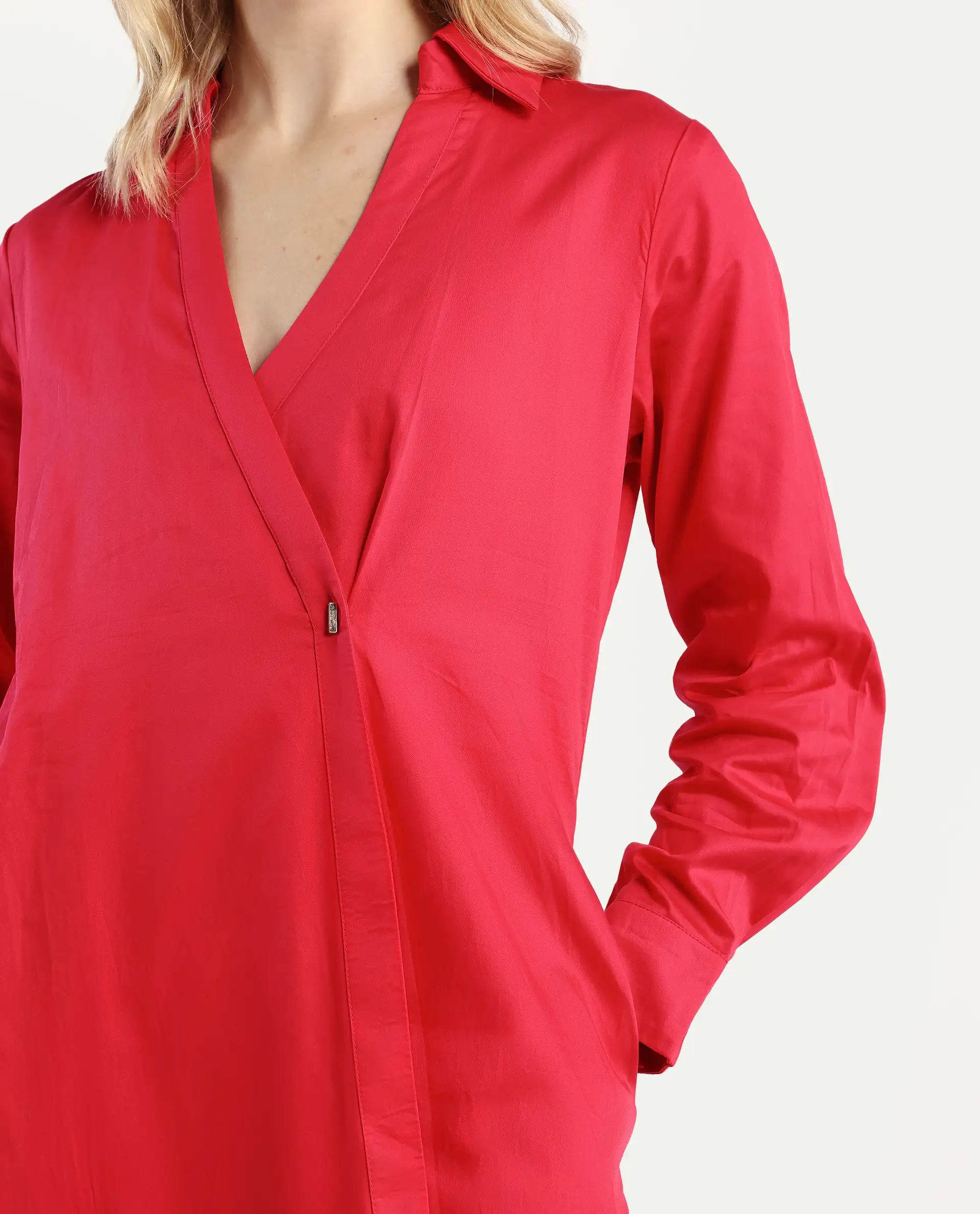 Rareism Women's Marunara Red Cotton Blend Johnny Collar Plain Cuffed Sleeve Midi Relaxed Fit Dress