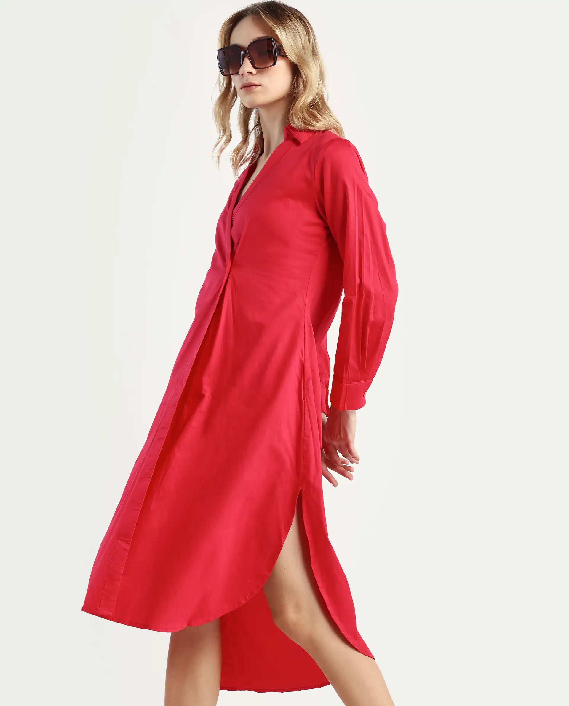 Rareism Women's Marunara Red Cotton Blend Johnny Collar Plain Cuffed Sleeve Midi Relaxed Fit Dress
