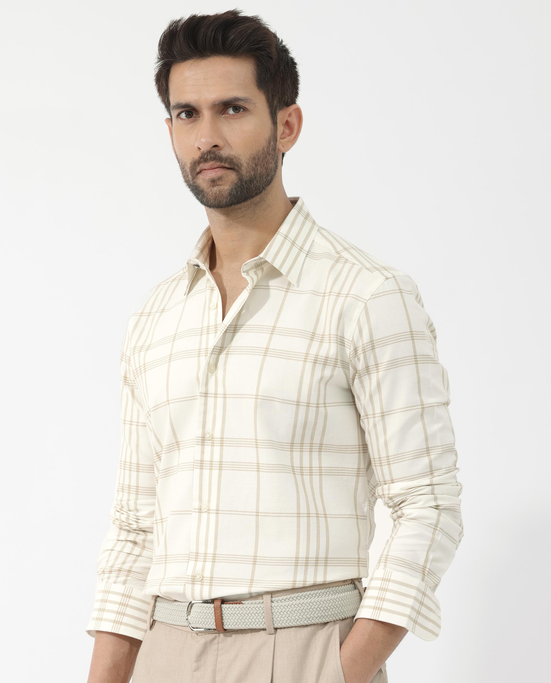 Rare Rabbit Men's Marvel Off White Cotton Full Sleeve Checks Shirt