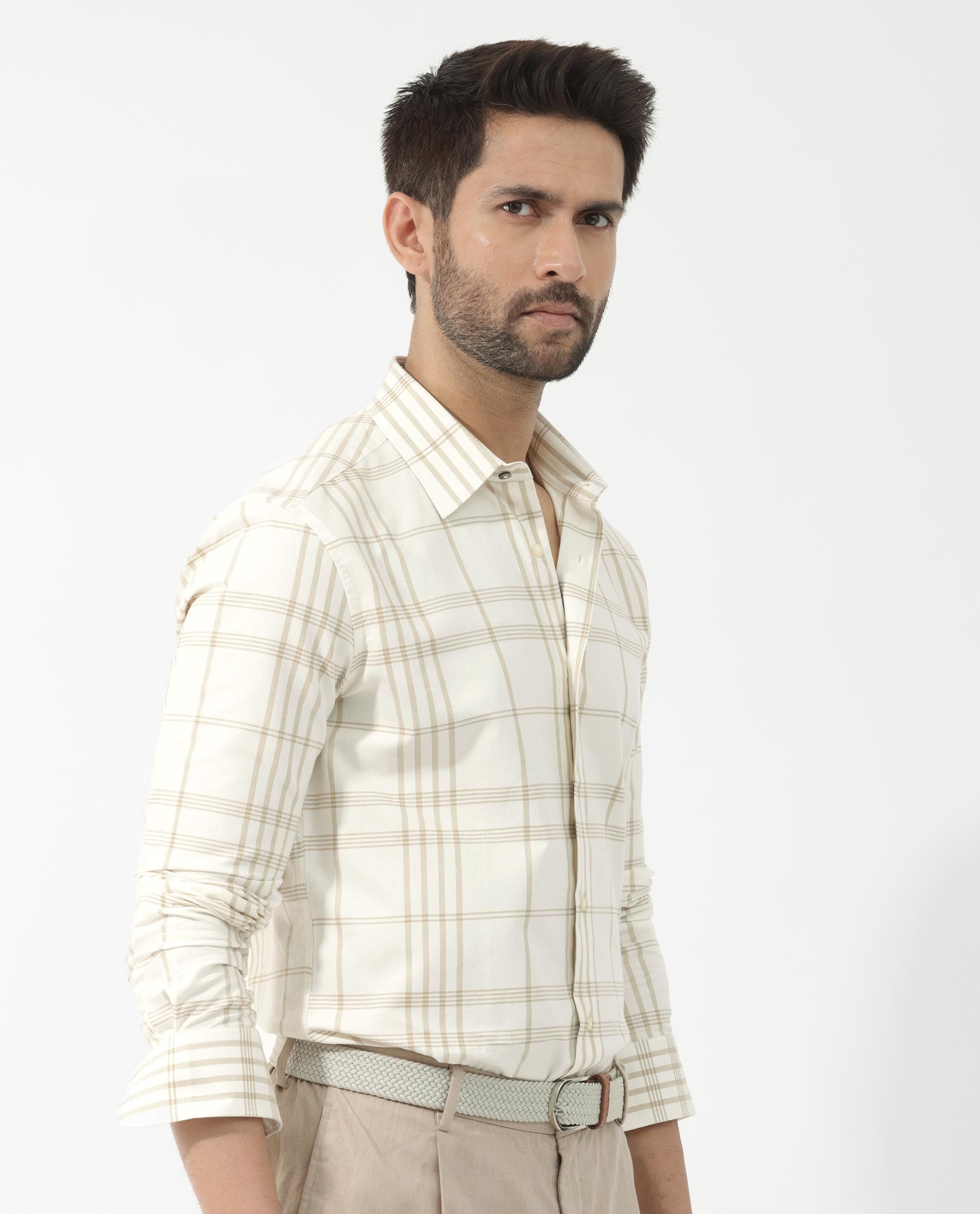 Rare Rabbit Men's Marvel Off White Cotton Full Sleeve Checks Shirt