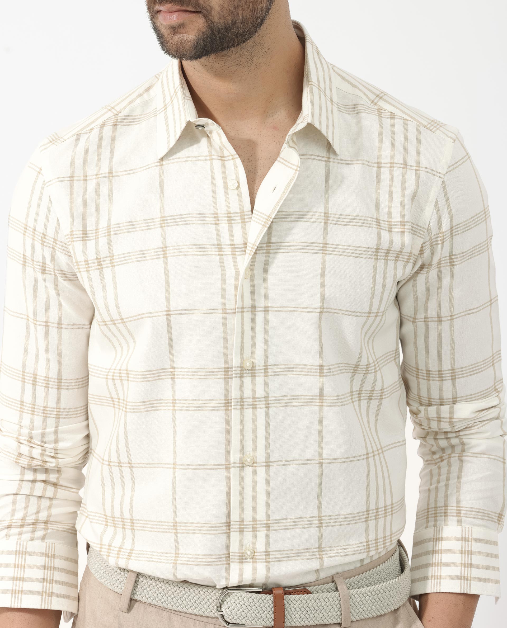 Rare Rabbit Men's Marvel Off White Cotton Full Sleeve Checks Shirt