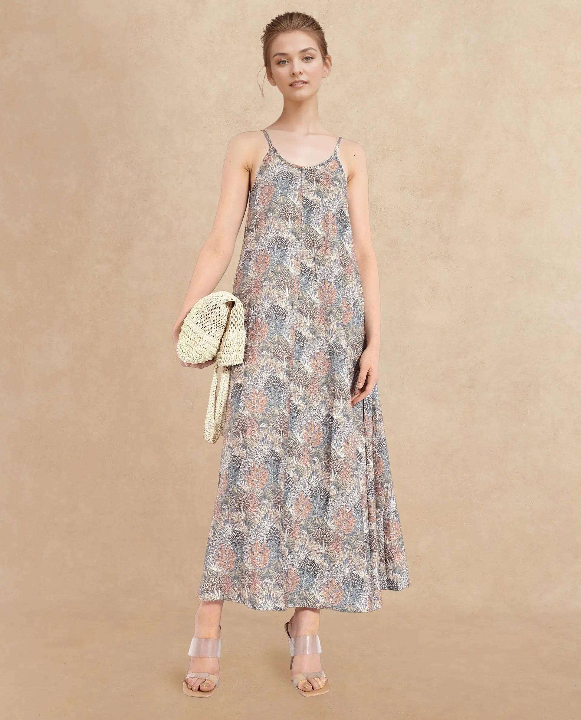 Rareism Women's Marvia Dark Multi Polyester Shoulder Strap Botanical Print Sleeveless Maxi Flared Dress