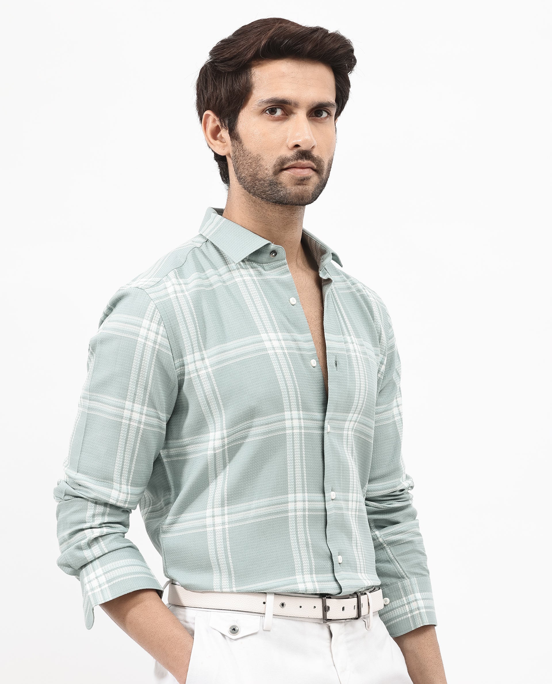 Rare Rabbit Mens Marvon Green Cotton Fabric Full Sleeve Regular Fit Windowpane Checks Shirt