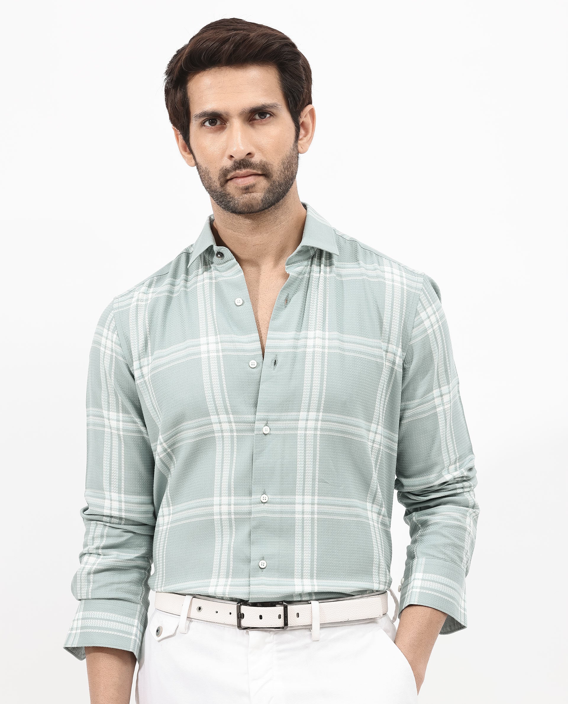 Rare Rabbit Mens Marvon Green Cotton Fabric Full Sleeve Regular Fit Windowpane Checks Shirt