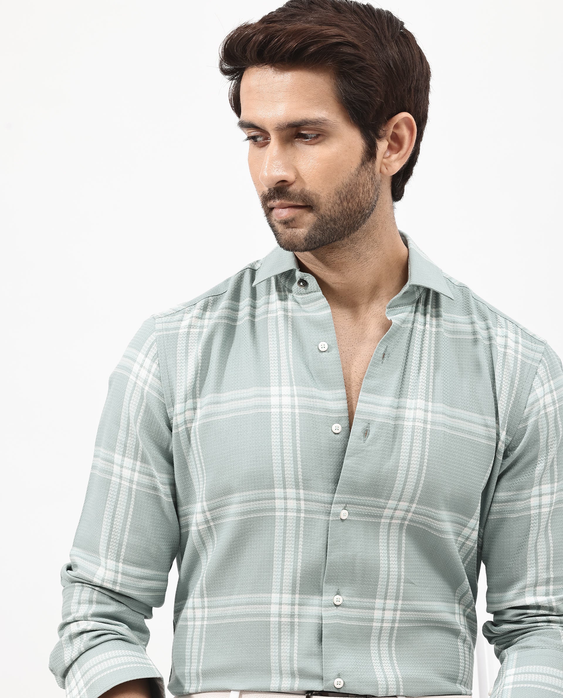 Rare Rabbit Mens Marvon Green Cotton Fabric Full Sleeve Regular Fit Windowpane Checks Shirt