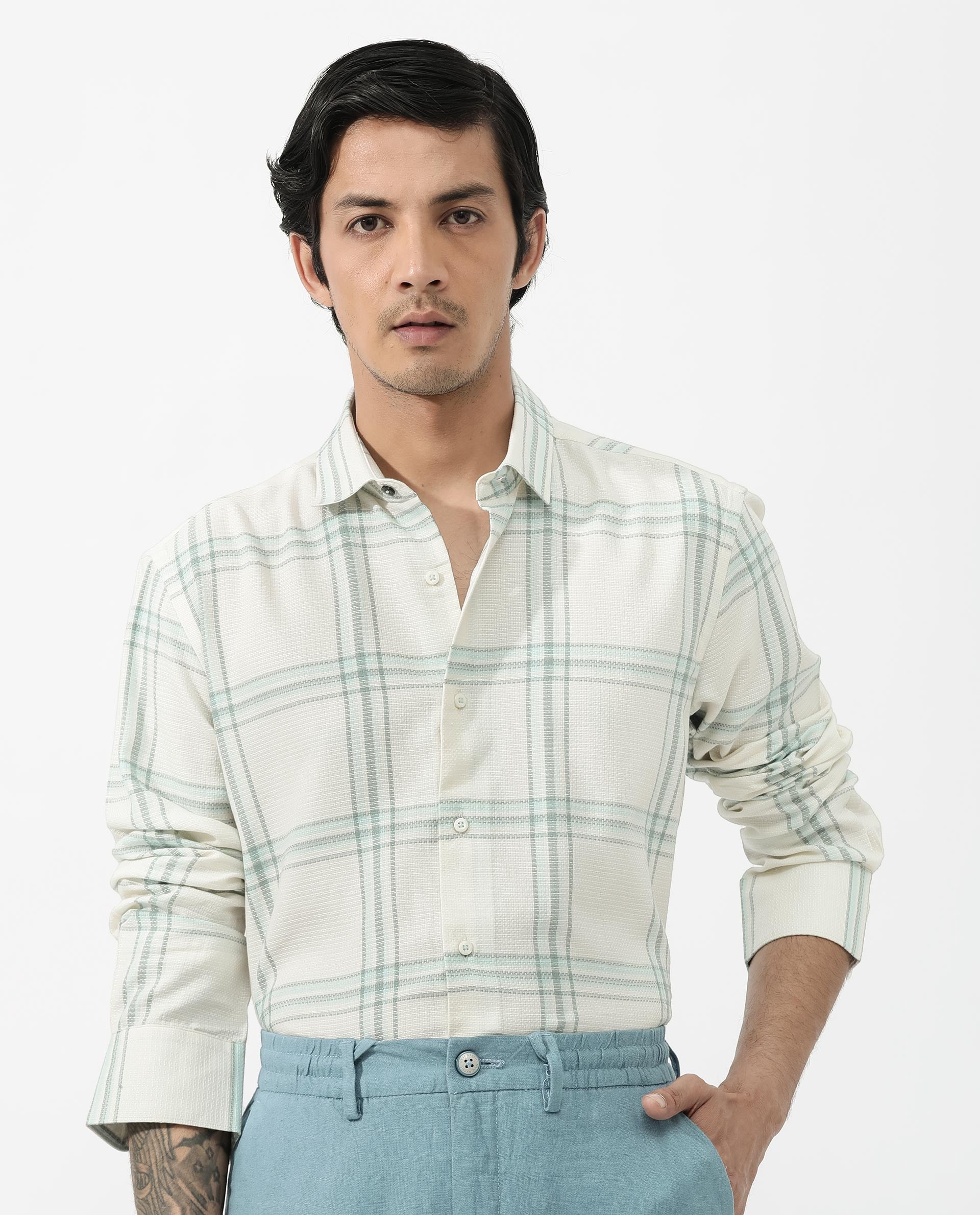 Rare Rabbit Mens Marvon Pastel Off White Cotton Fabric Full Sleeve Regular Fit Windowpane nChecks Shirt