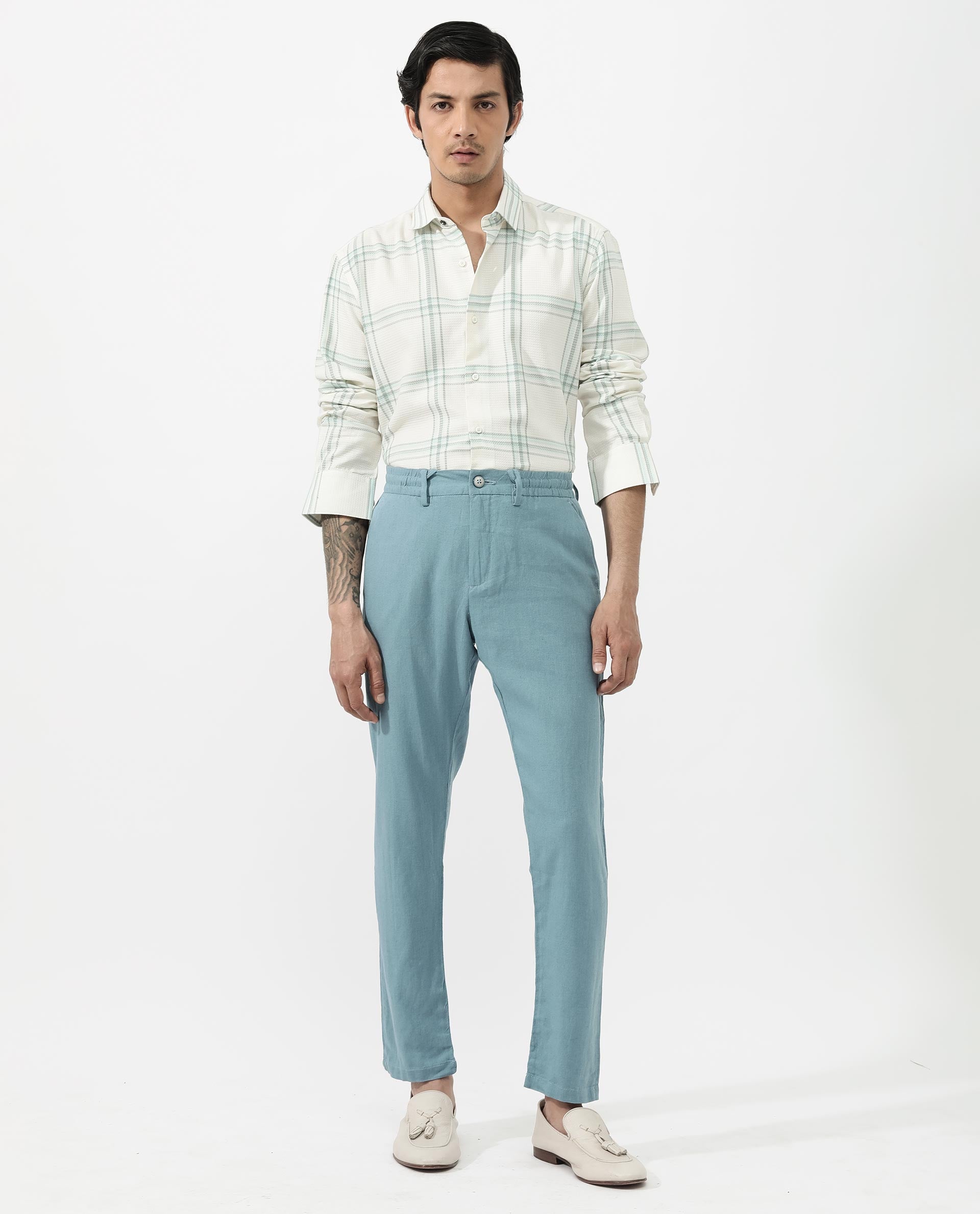 Rare Rabbit Mens Marvon Pastel Off White Cotton Fabric Full Sleeve Regular Fit Windowpane nChecks Shirt
