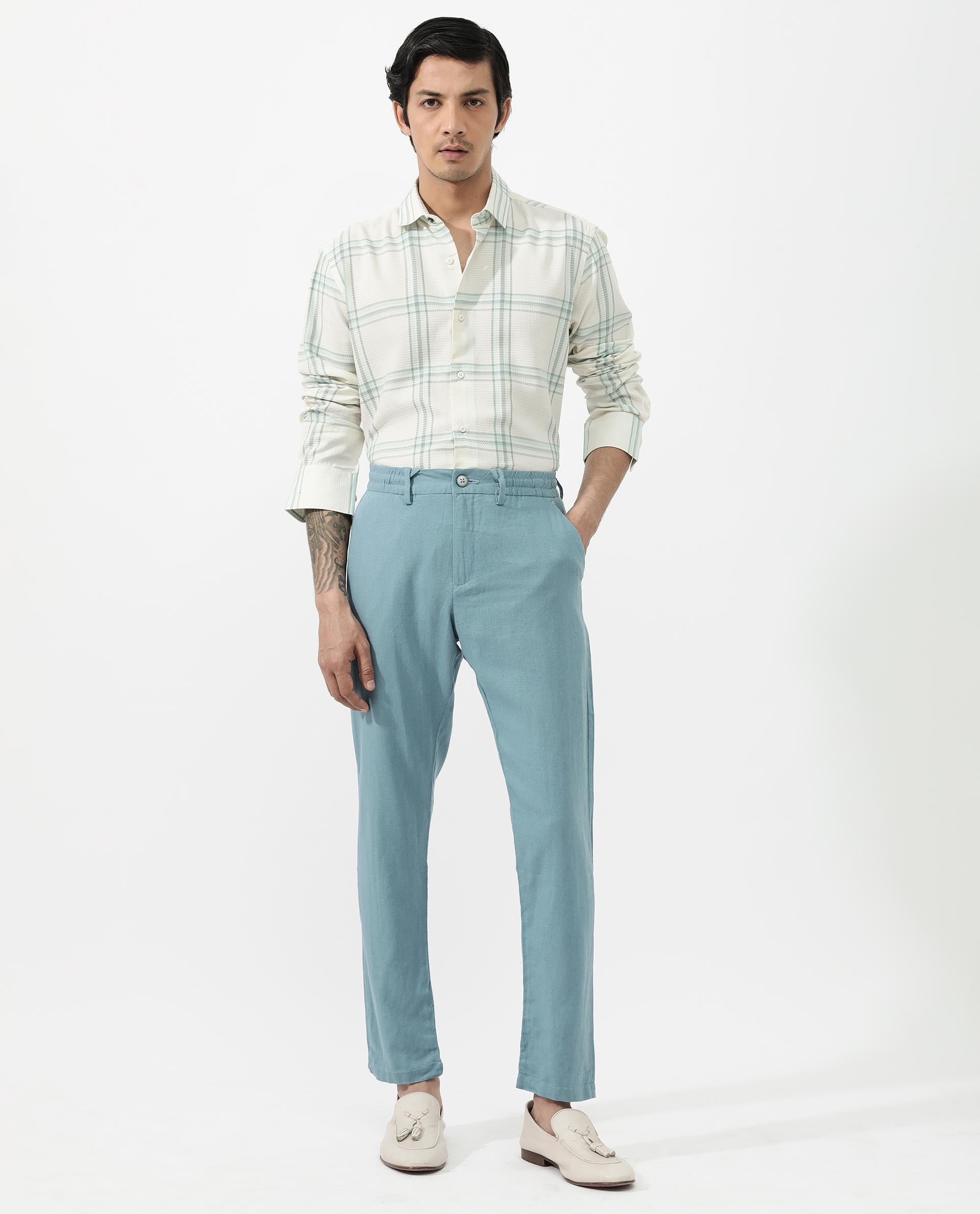 Rare Rabbit Mens Marvon Pastel Off White Cotton Fabric Full Sleeve Regular Fit Windowpane nChecks Shirt