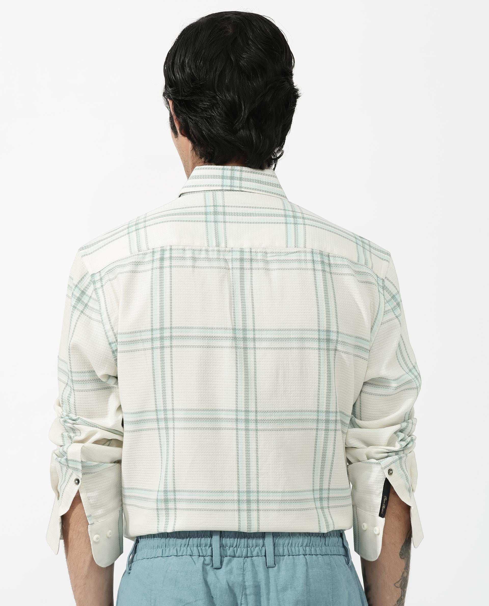 Rare Rabbit Mens Marvon Pastel Off White Cotton Fabric Full Sleeve Regular Fit Windowpane nChecks Shirt