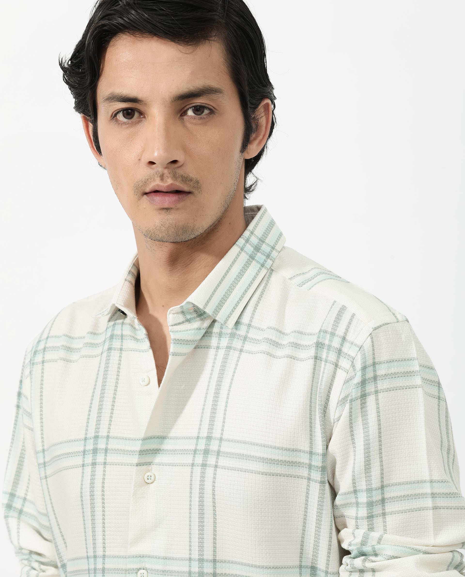 Rare Rabbit Mens Marvon Pastel Off White Cotton Fabric Full Sleeve Regular Fit Windowpane nChecks Shirt