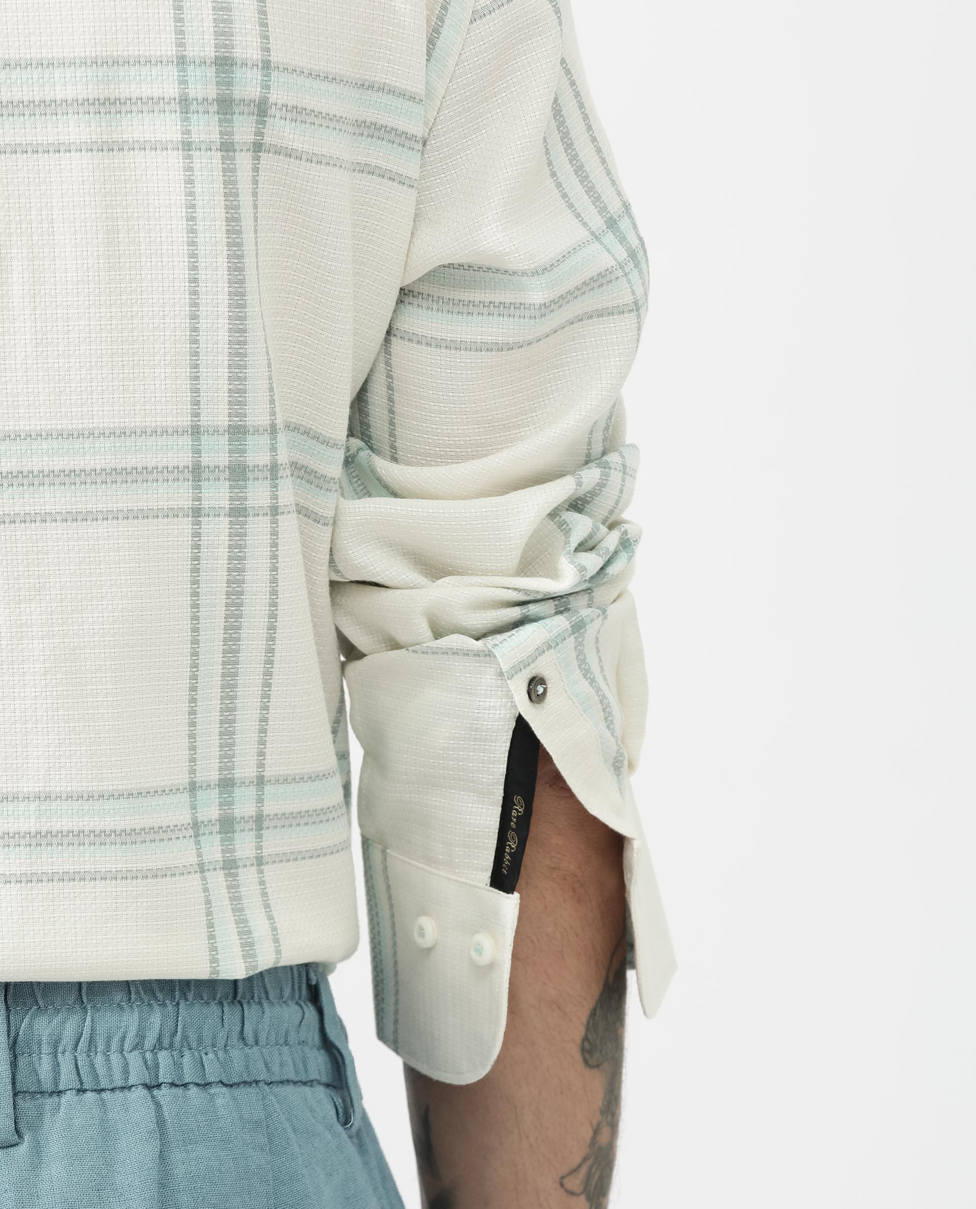 Rare Rabbit Mens Marvon Pastel Off White Cotton Fabric Full Sleeve Regular Fit Windowpane nChecks Shirt