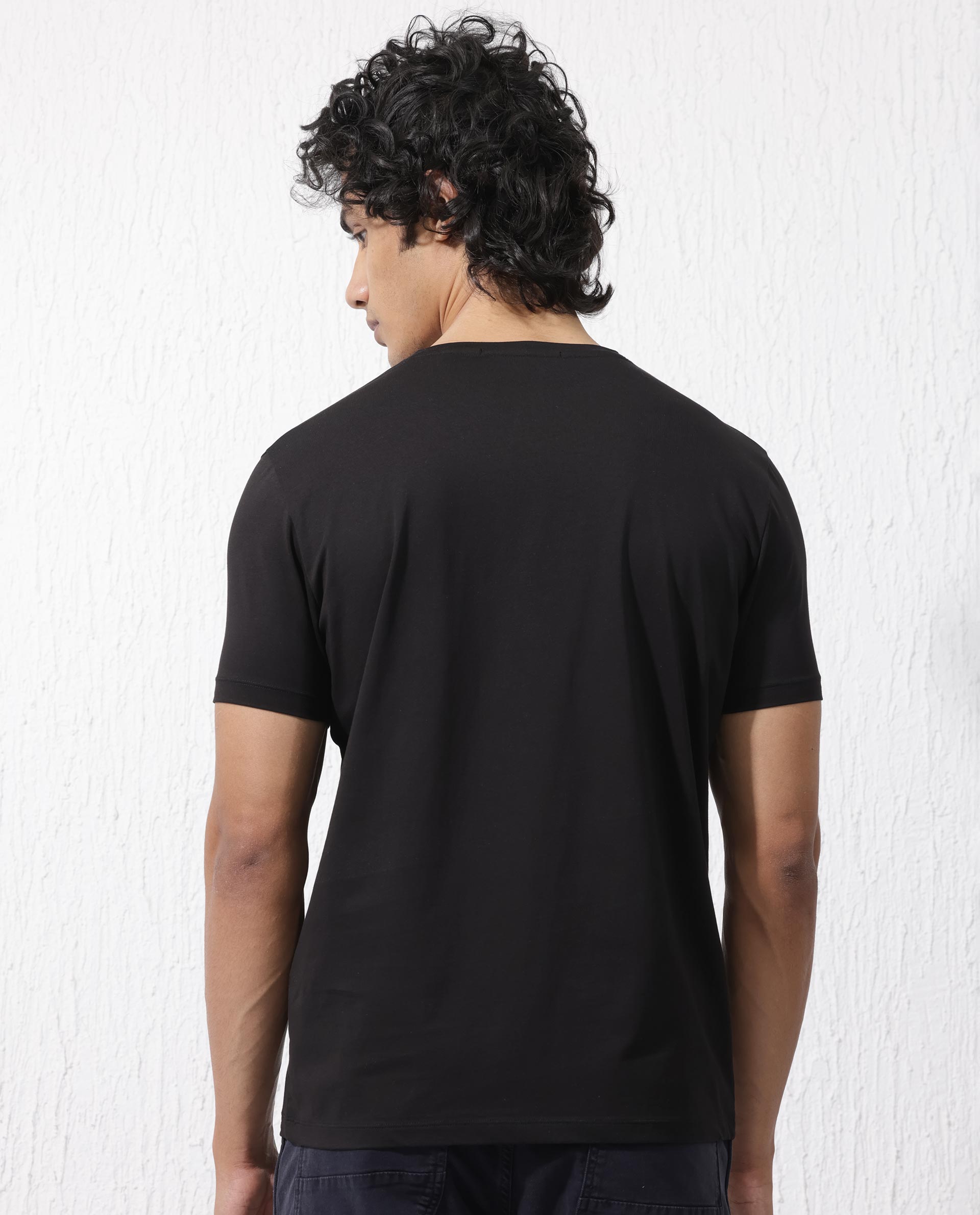 Rare Rabbit Men's Masco Black Cotton Lycra Fabric Half Sleeves Graphic Print T-Shirt