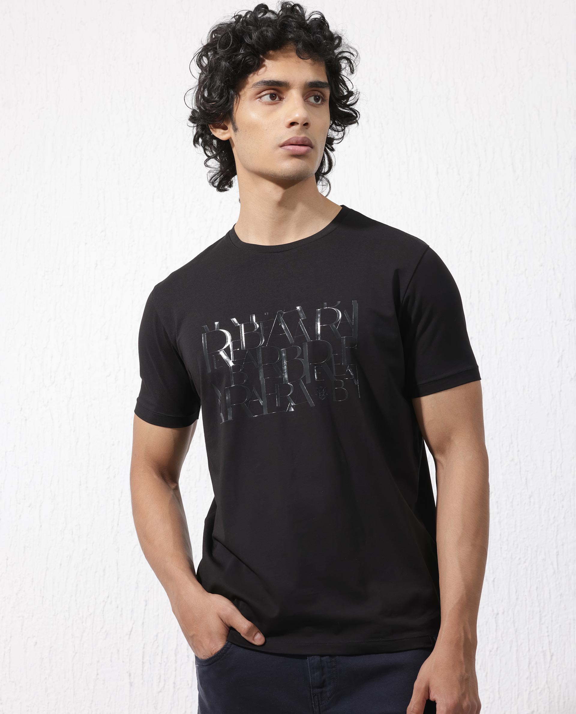 Rare Rabbit Men's Masco Black Cotton Lycra Fabric Half Sleeves Graphic Print T-Shirt