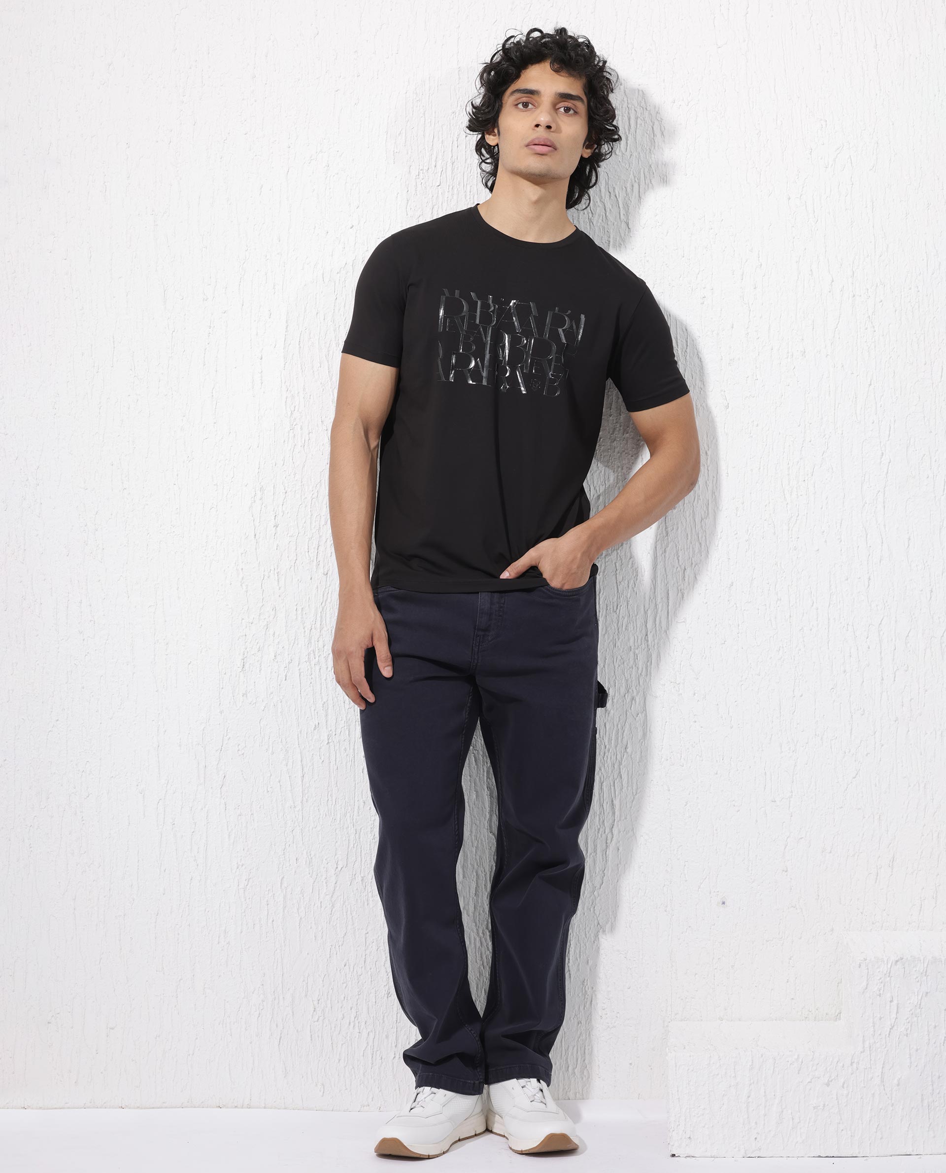 Rare Rabbit Men's Masco Black Cotton Lycra Fabric Half Sleeves Graphic Print T-Shirt