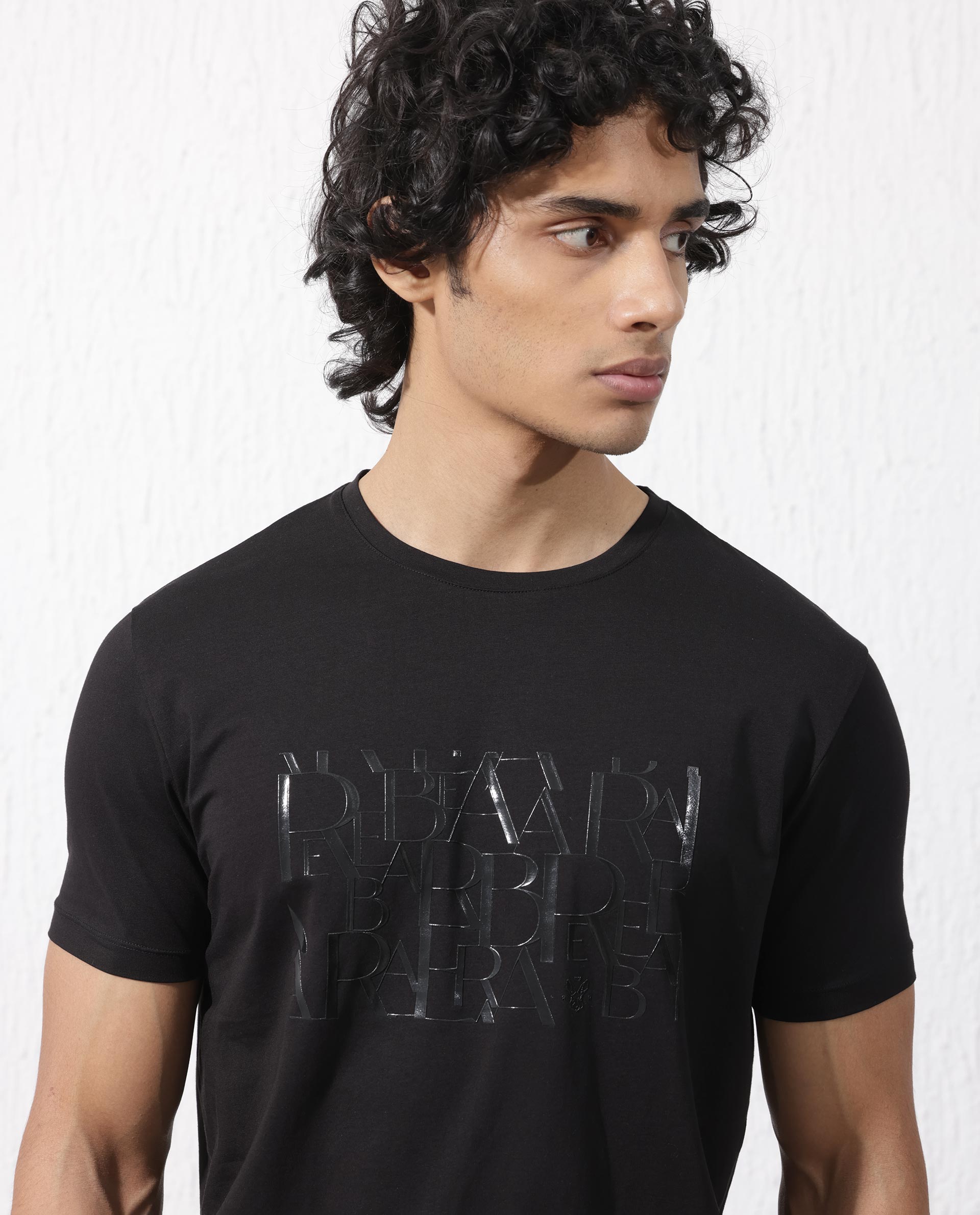 Rare Rabbit Men's Masco Black Cotton Lycra Fabric Half Sleeves Graphic Print T-Shirt