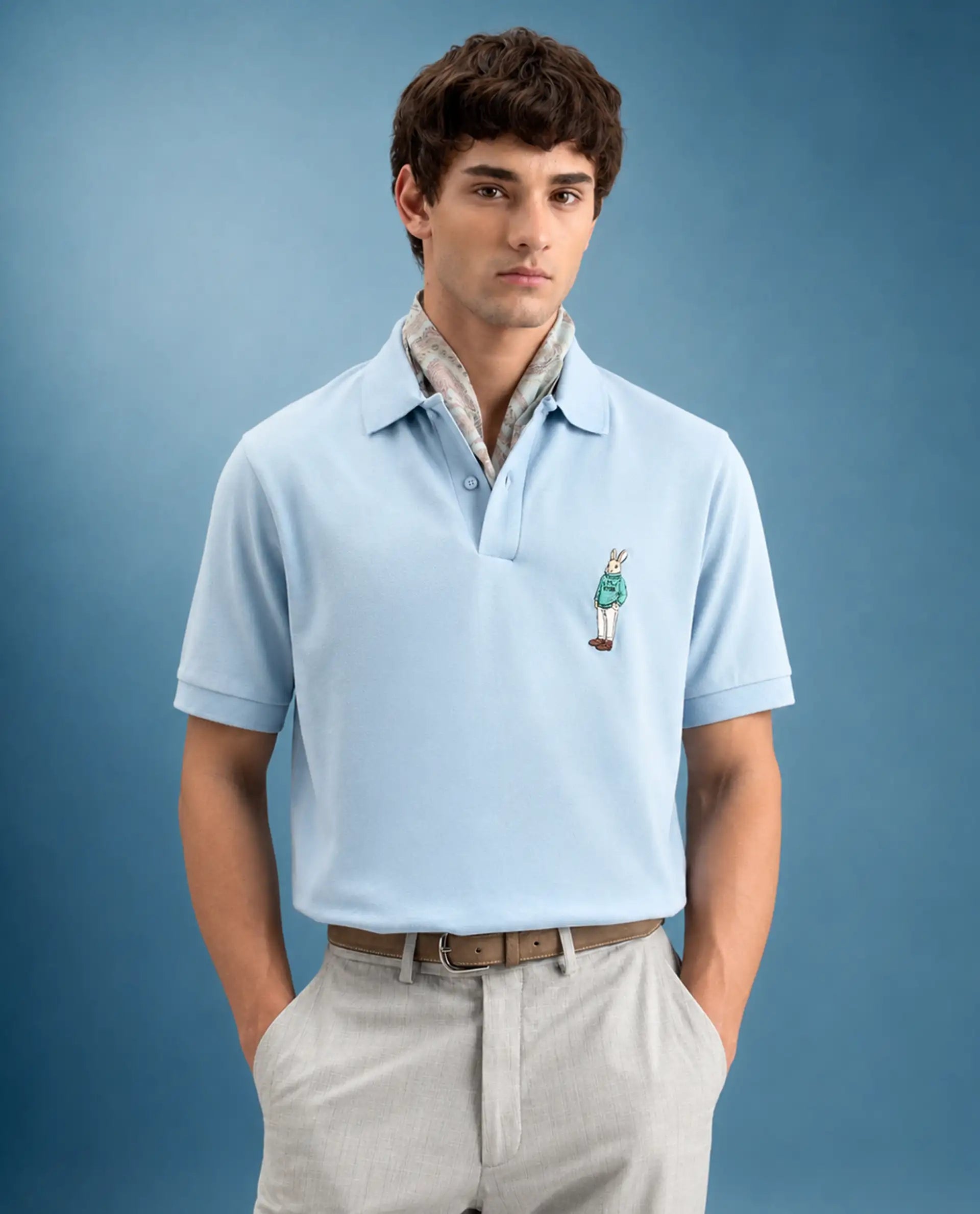 Rare Rabbit Men's Mascos Light Blue Cotton Blend Spread Collar Regular Fit Embroidered Polo