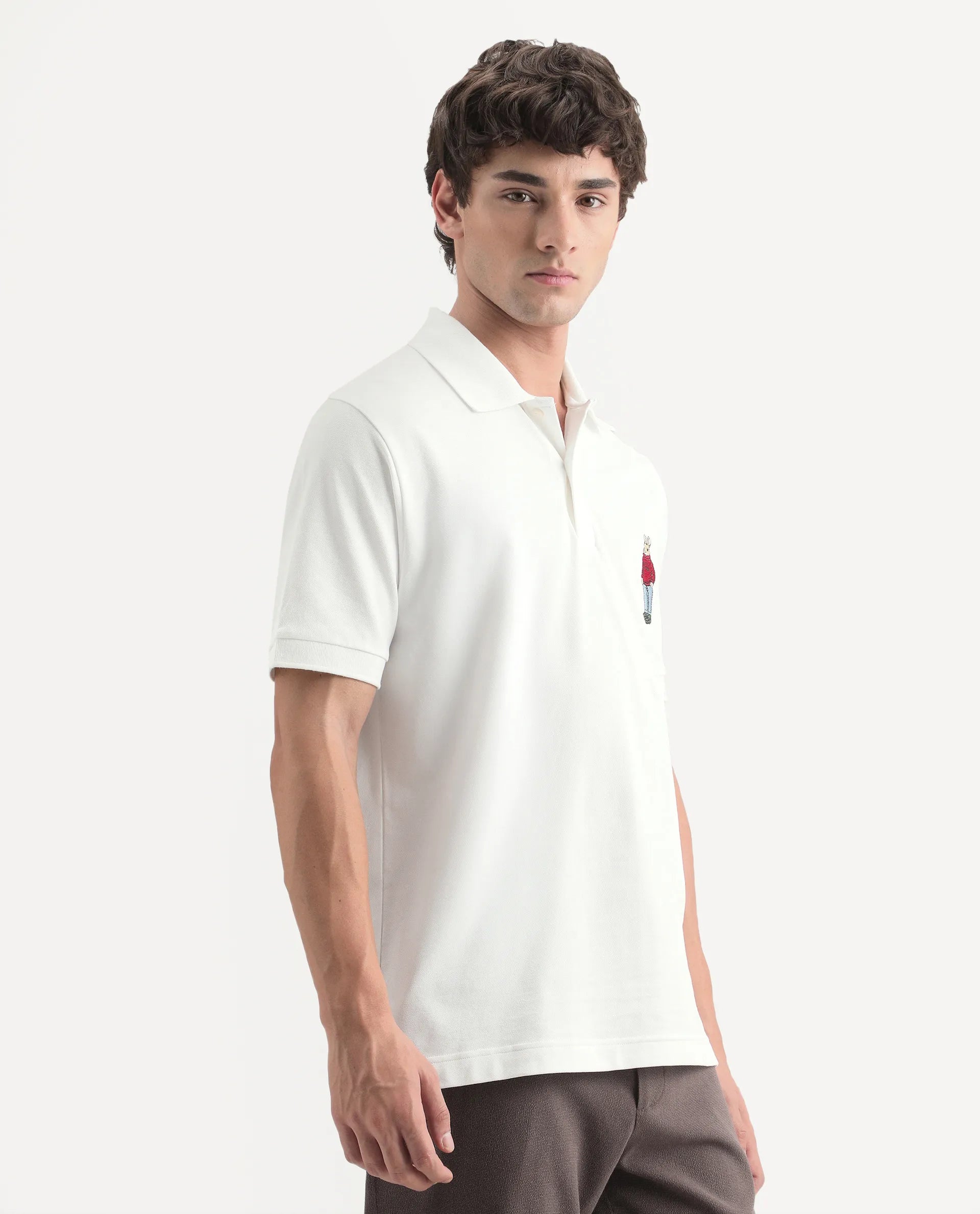 Rare Rabbit Men's Mascos White Cotton Blend Spread Collar Regular Fit Embroidered Polo