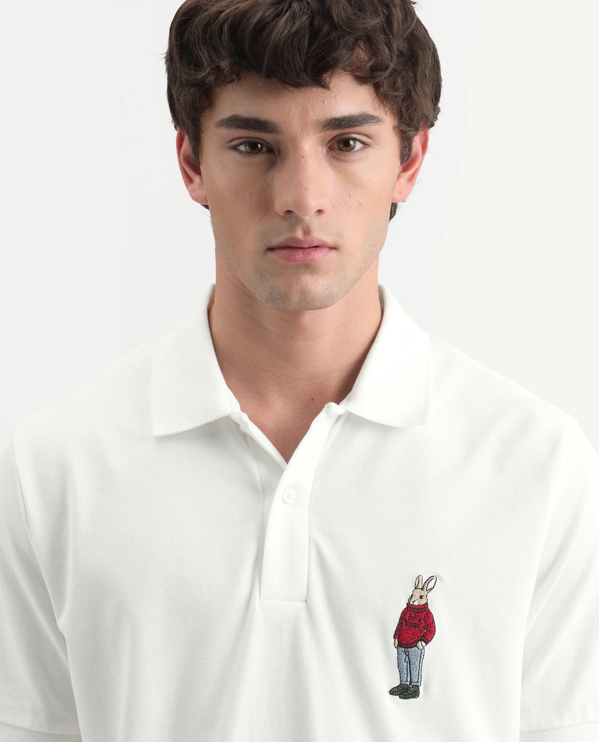 Rare Rabbit Men's Mascos White Cotton Blend Spread Collar Regular Fit Embroidered Polo