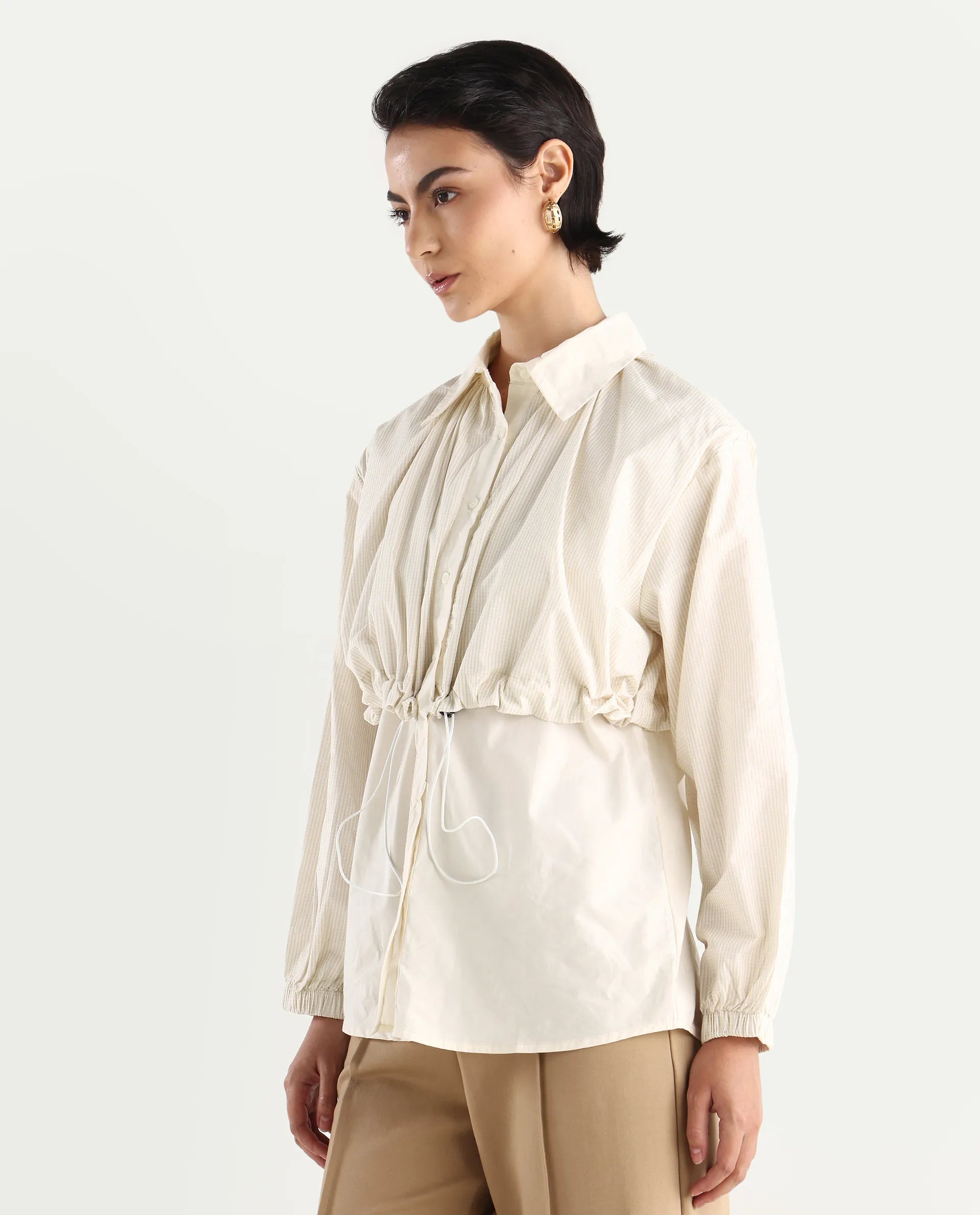 Rareism Women's Mash Beige Cotton Blend Drop Collar Checked Cuffed Sleeve Relaxed Fit Top