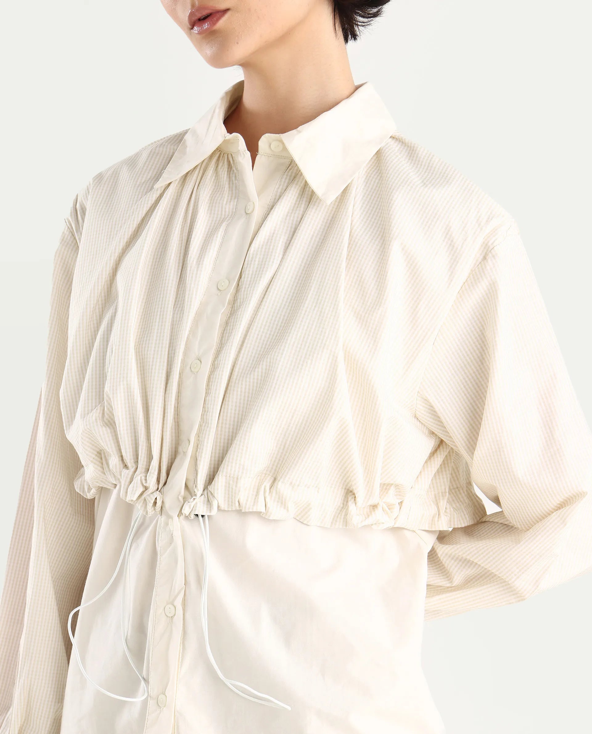 Rareism Women's Mash Beige Cotton Blend Drop Collar Checked Cuffed Sleeve Relaxed Fit Top