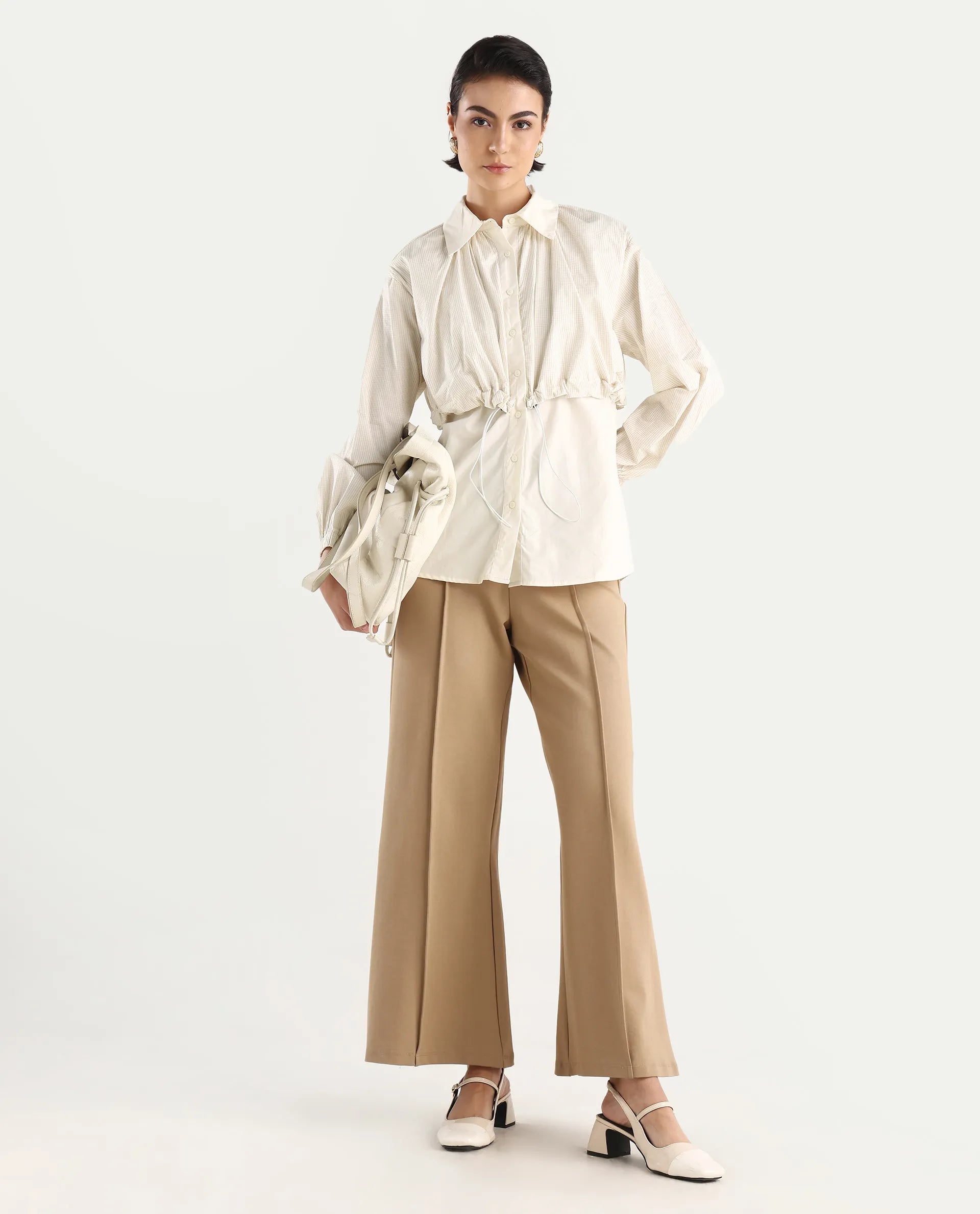 Rareism Women's Mash Beige Cotton Blend Drop Collar Checked Cuffed Sleeve Relaxed Fit Top