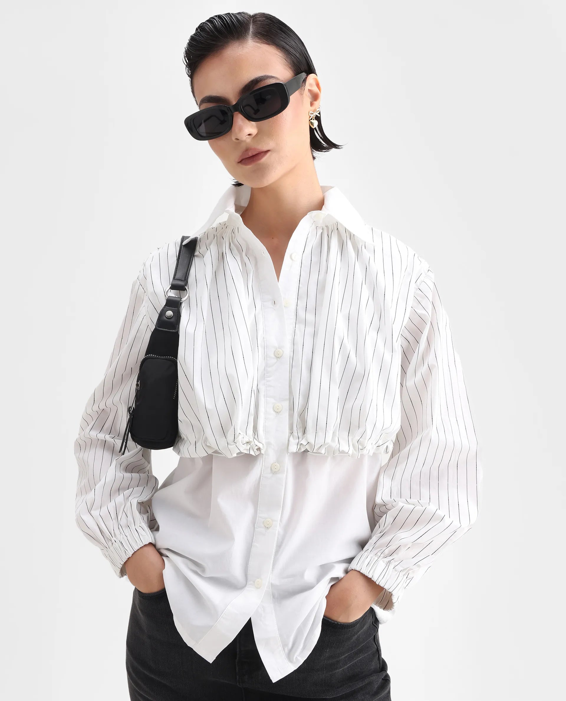 Rareism Women's Mashed White Cotton Blend Drop Collar Striped Cuffed Sleeve Relaxed Fit Top