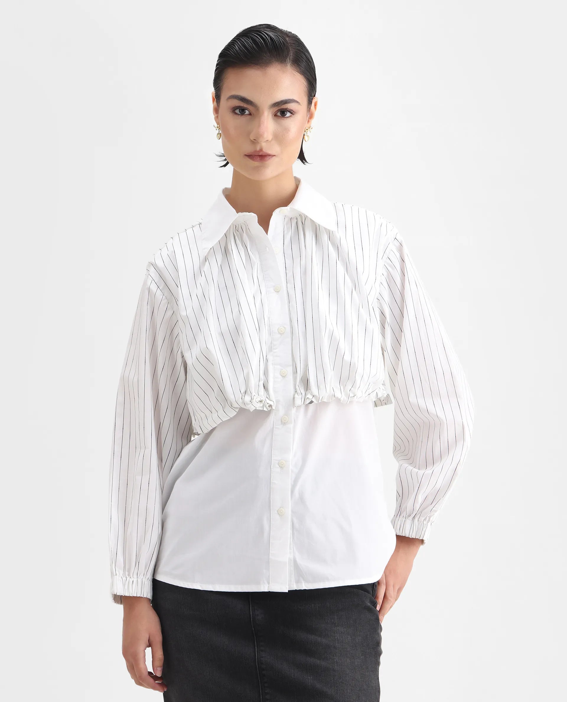 Rareism Women's Mashed White Cotton Blend Drop Collar Striped Cuffed Sleeve Relaxed Fit Top