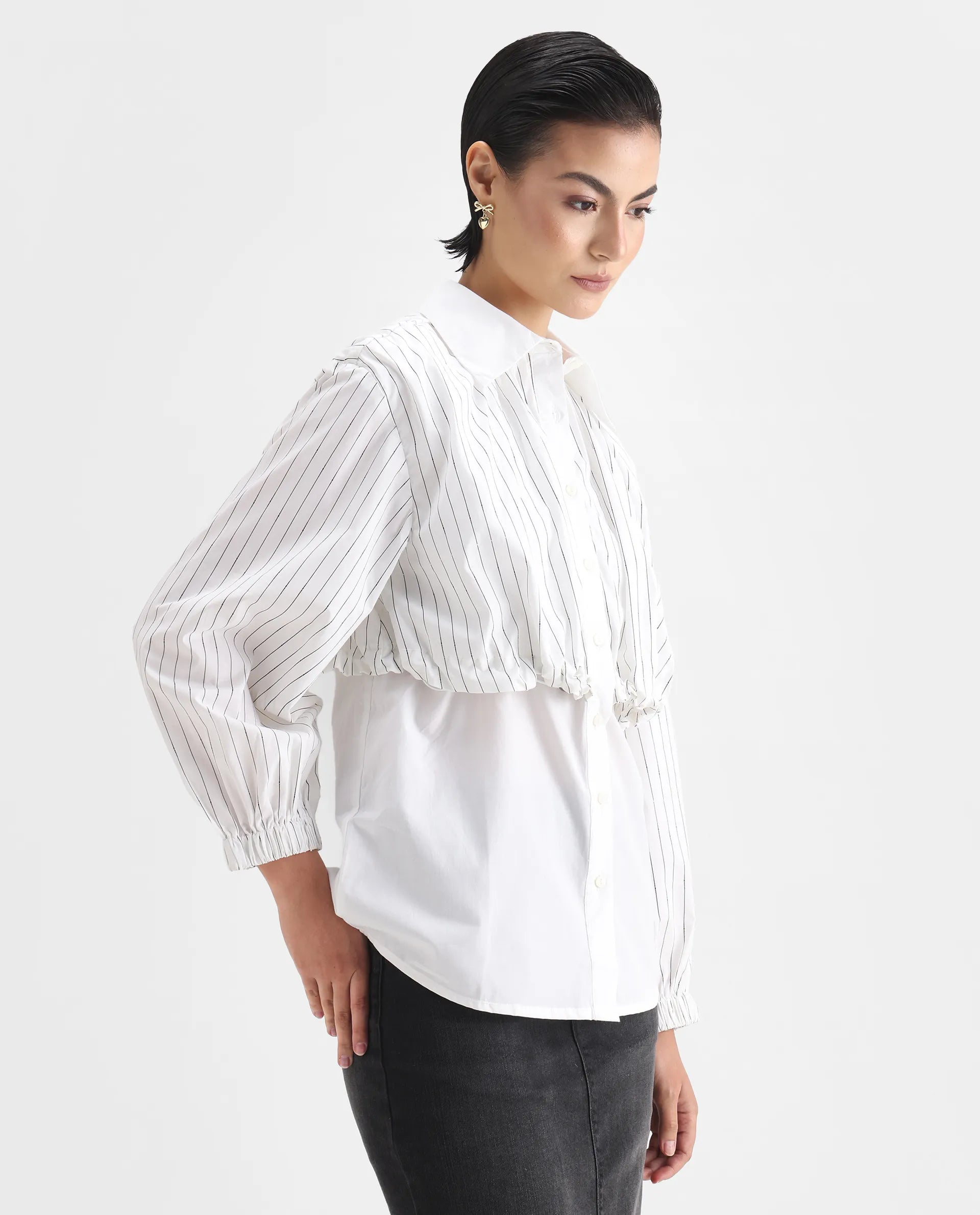 Rareism Women's Mashed White Cotton Blend Drop Collar Striped Cuffed Sleeve Relaxed Fit Top
