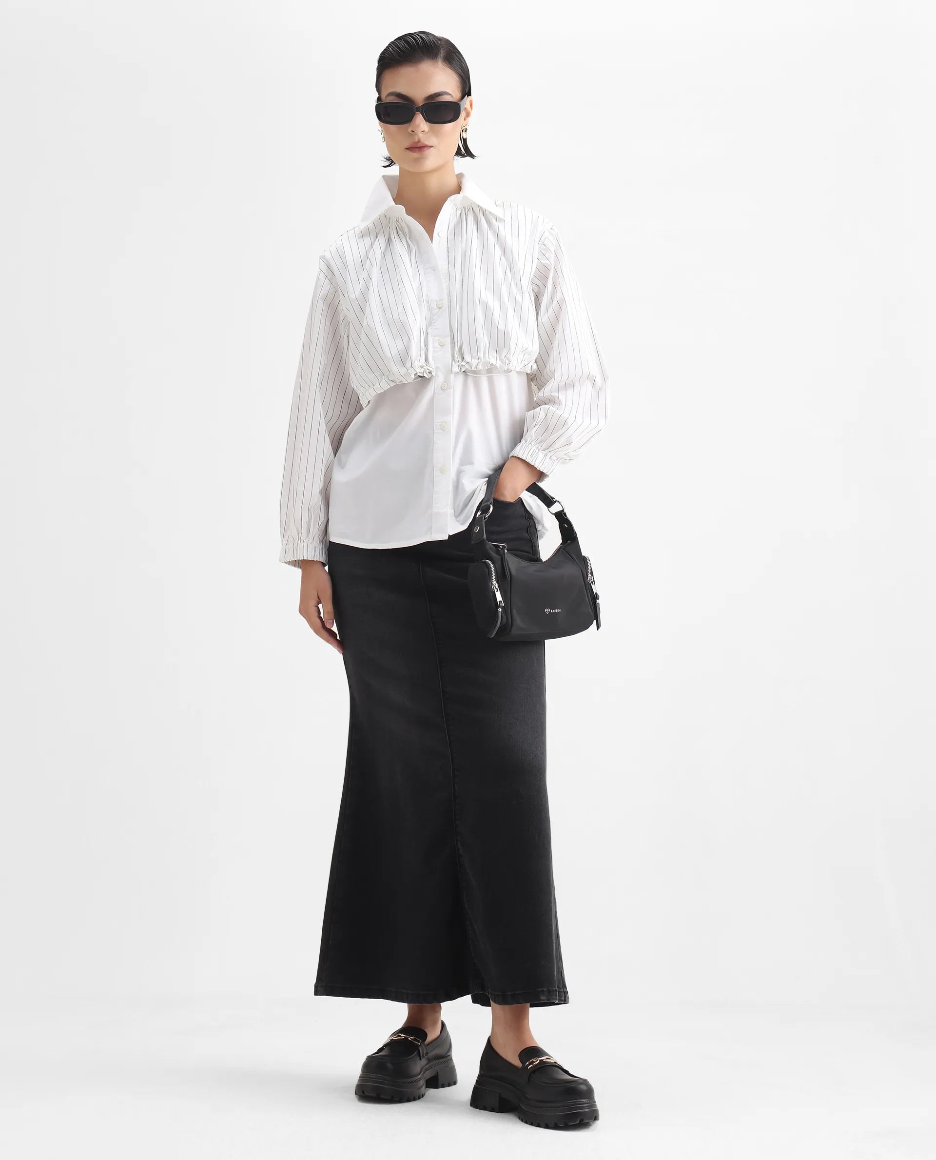 Rareism Women's Mashed White Cotton Blend Drop Collar Striped Cuffed Sleeve Relaxed Fit Top