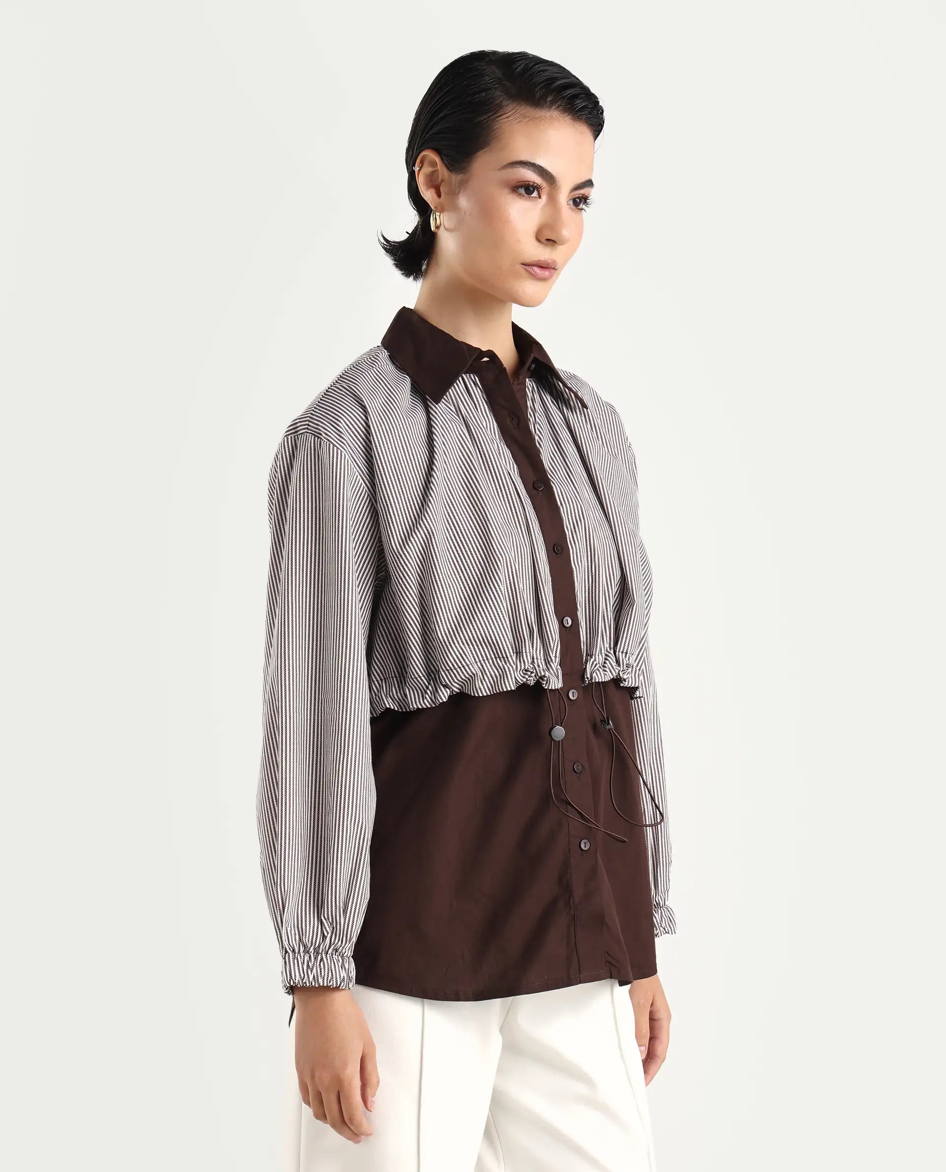 Rareism Women's Masher Brown Cotton Blend Drop Collar Plain Cuffed Sleeve Relaxed Fit Top