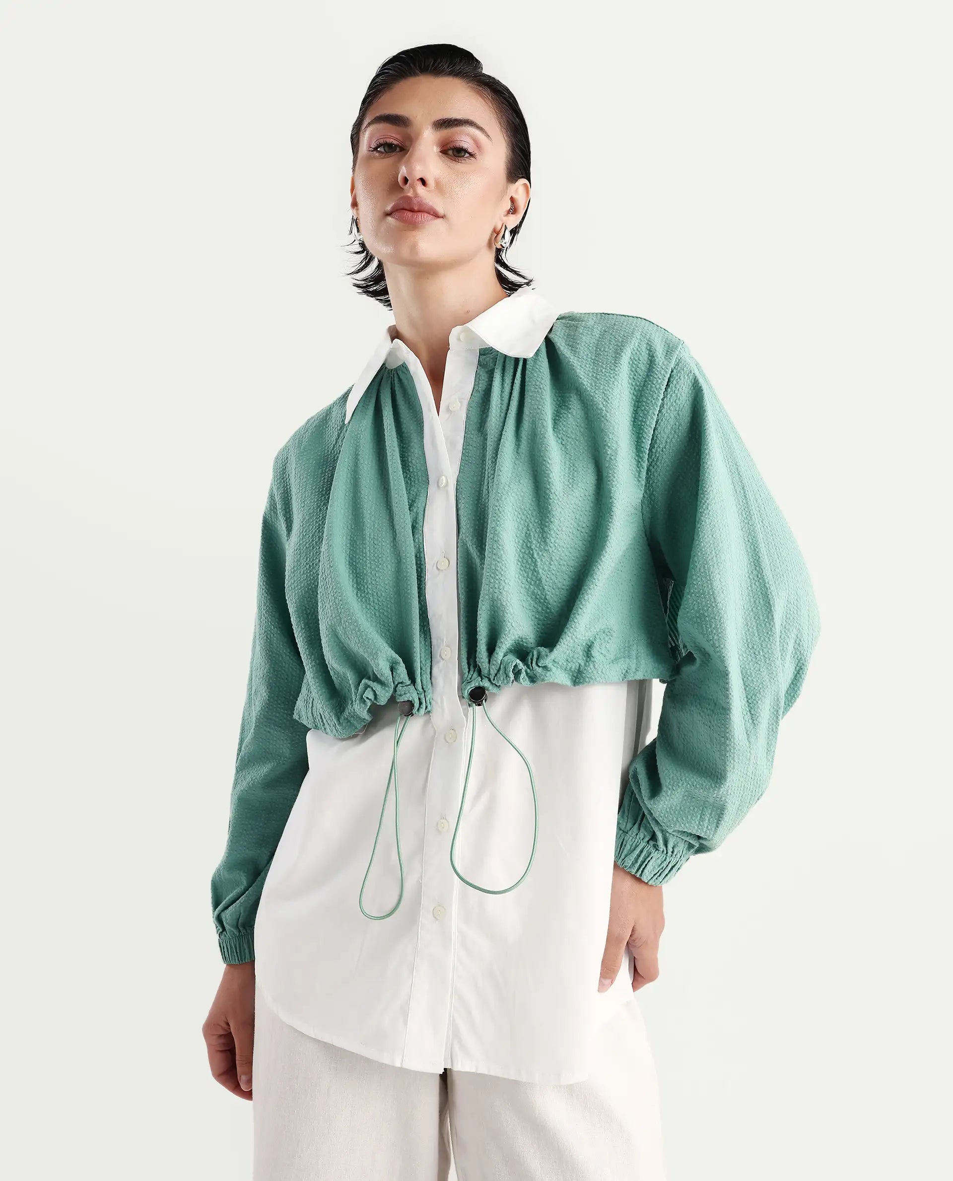 Rareism Women's Mashin White Cotton Blend Drop Collar Plain Cuffed Sleeve Relaxed Fit Top