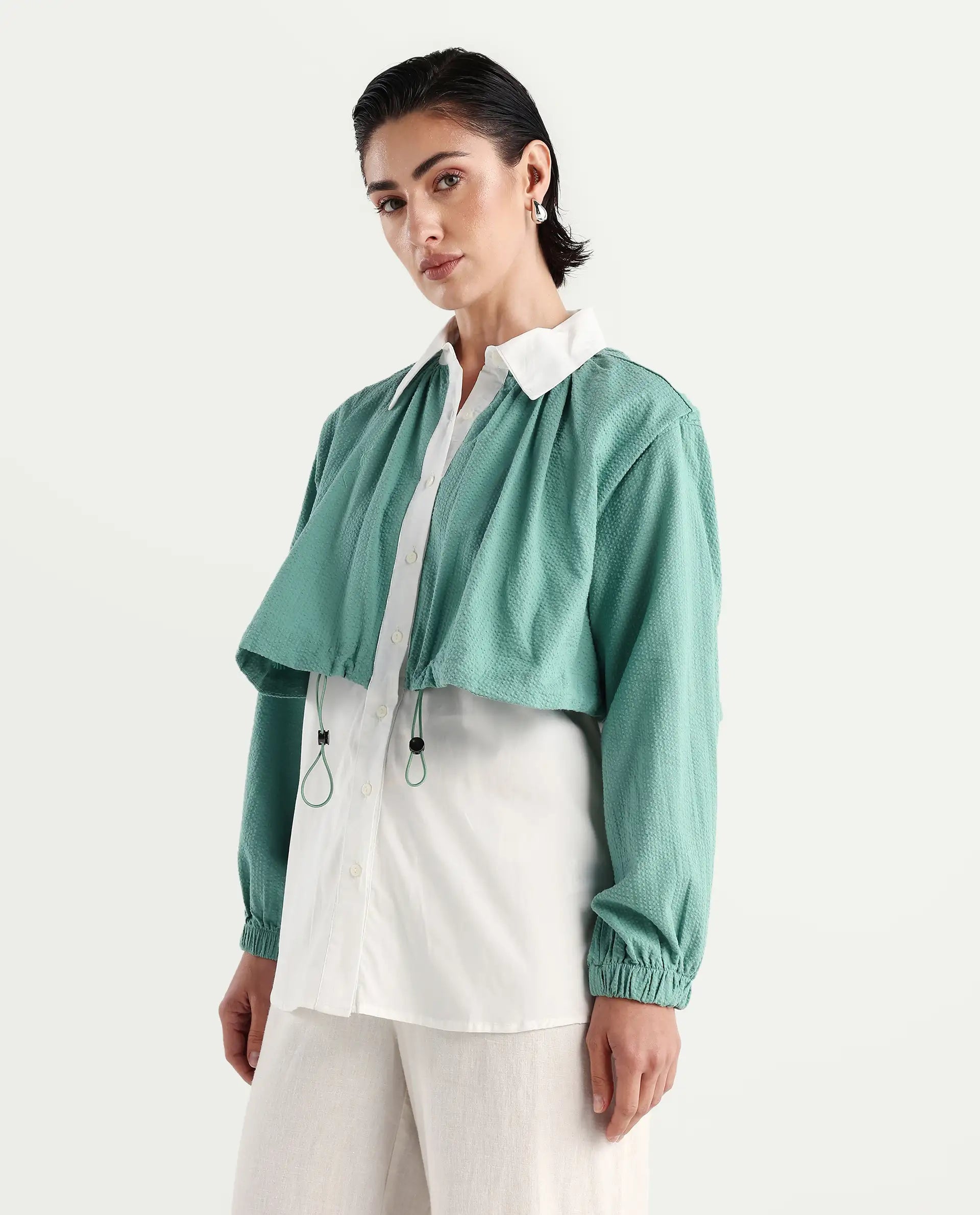 Rareism Women's Mashin White Cotton Blend Drop Collar Plain Cuffed Sleeve Relaxed Fit Top