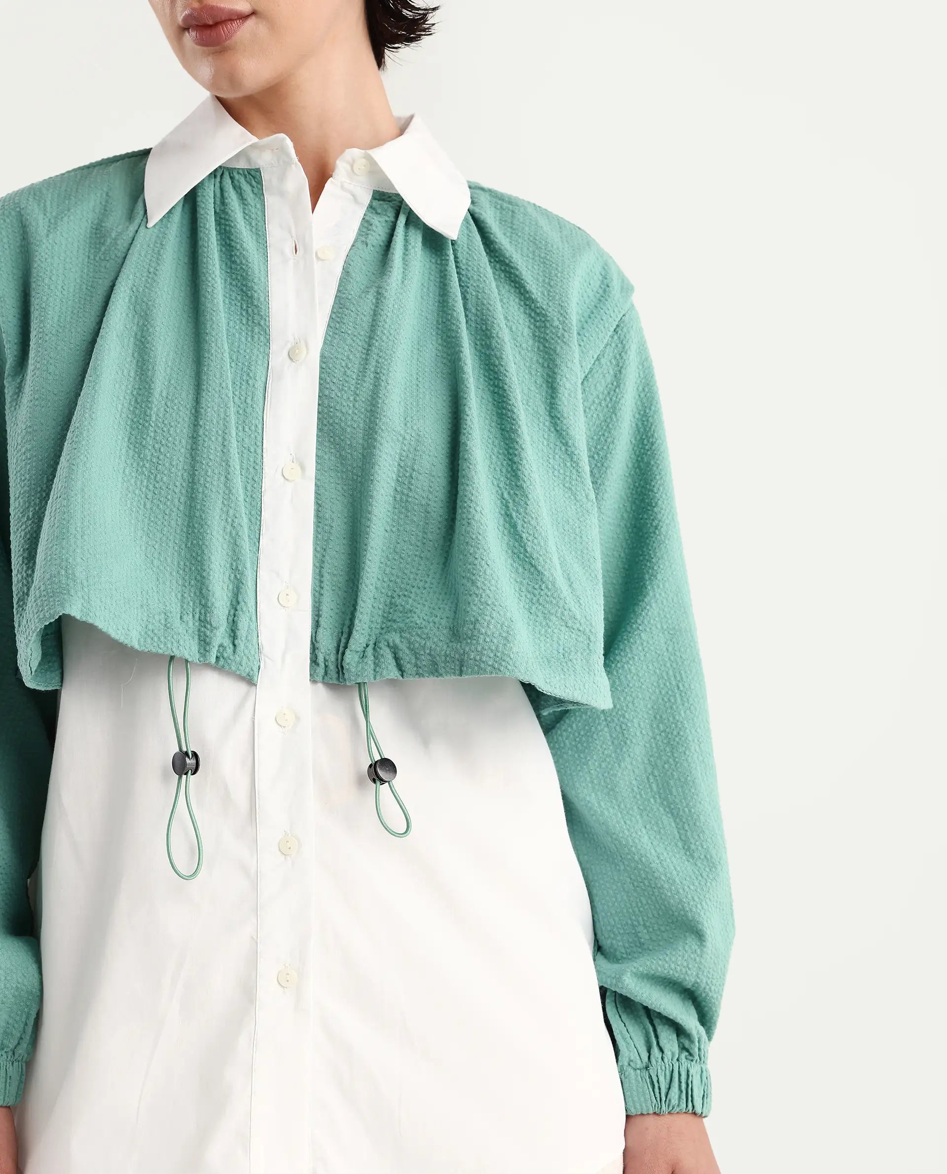 Rareism Women's Mashin White Cotton Blend Drop Collar Plain Cuffed Sleeve Relaxed Fit Top