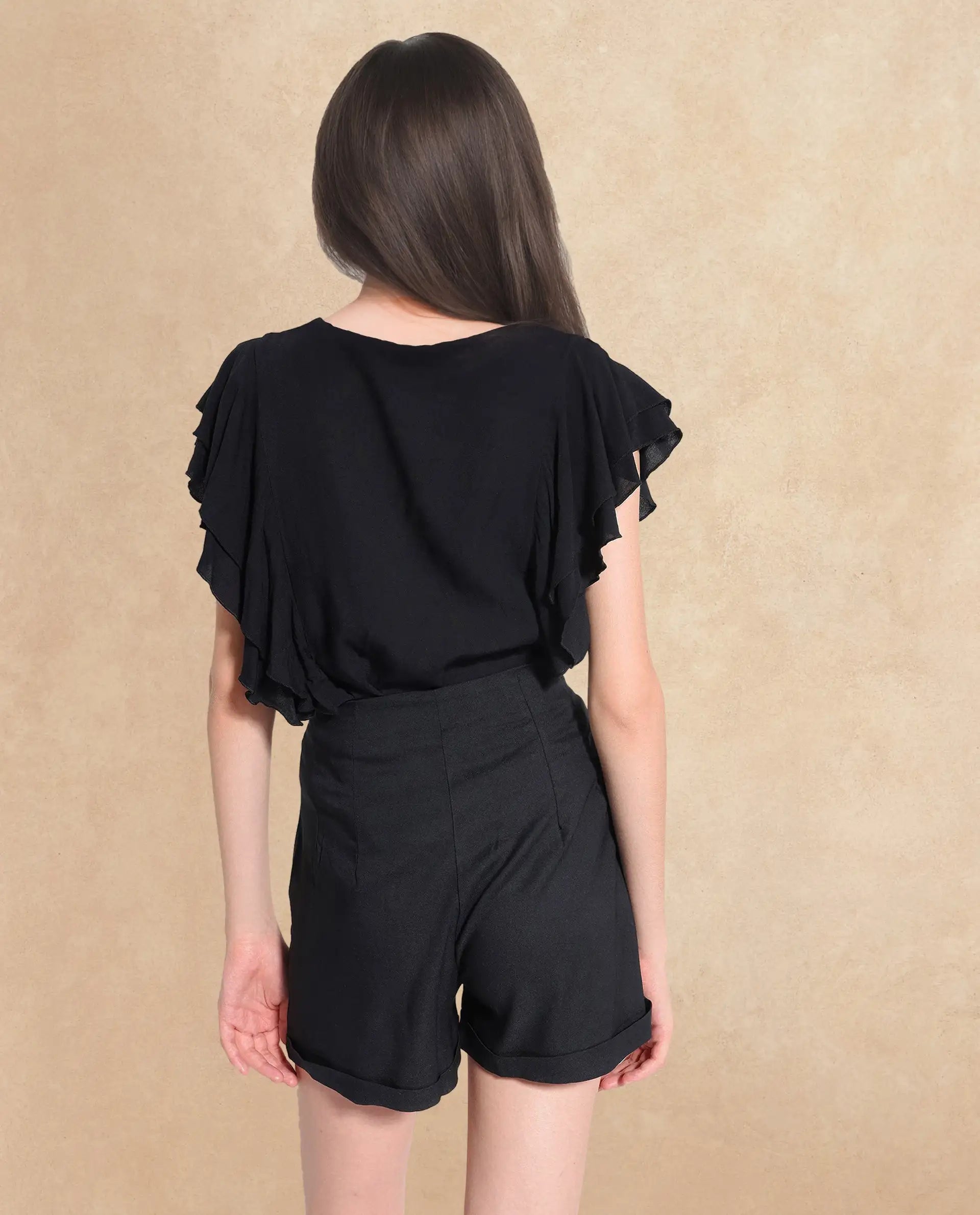 Rareism Women Maslin Black Cotton Fabric Zipper Plain Mini Shorts