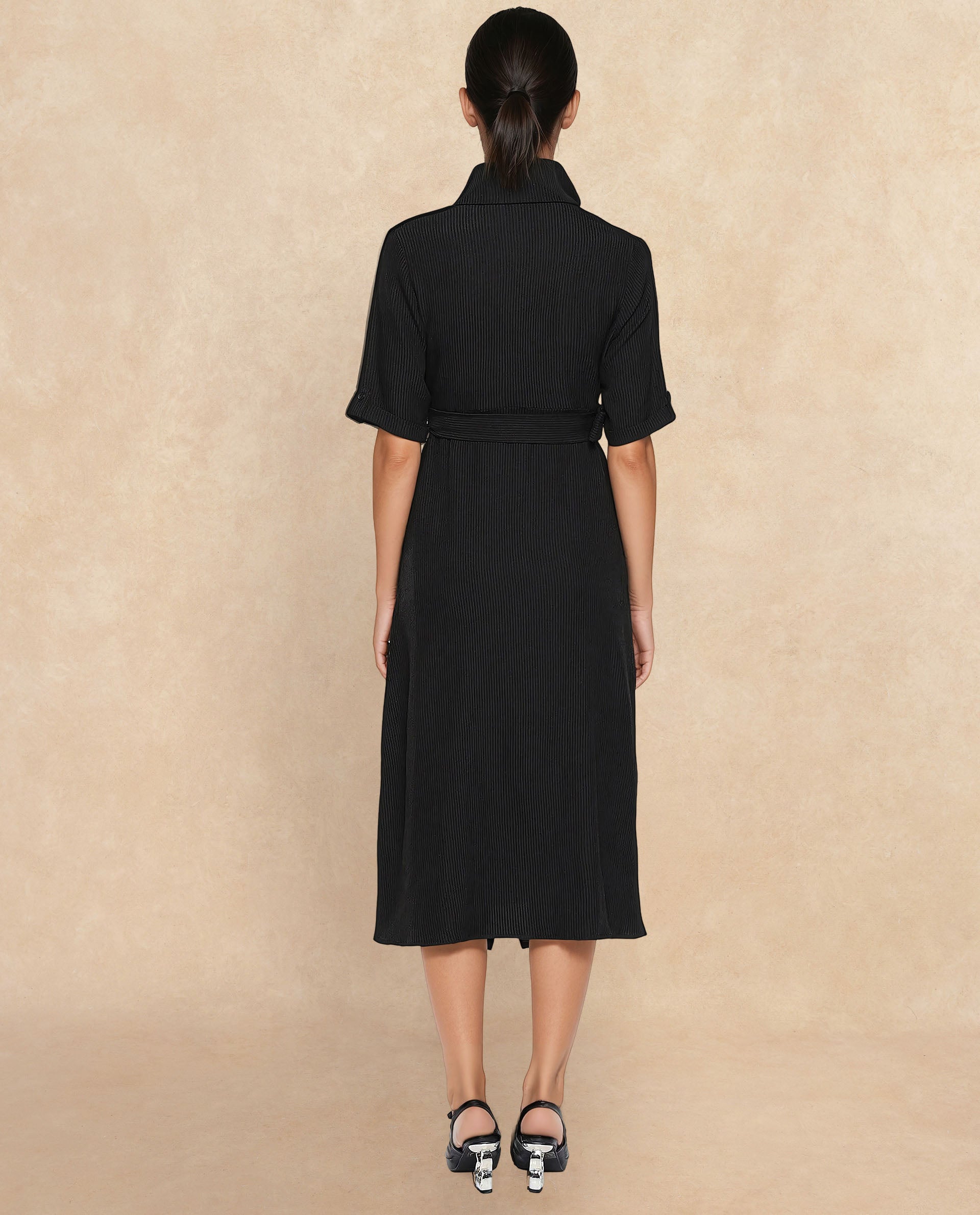 Rareism Women Maso Black Short Sleeves Lapel Neck Zip Closure A-Line Midi Plain Dress