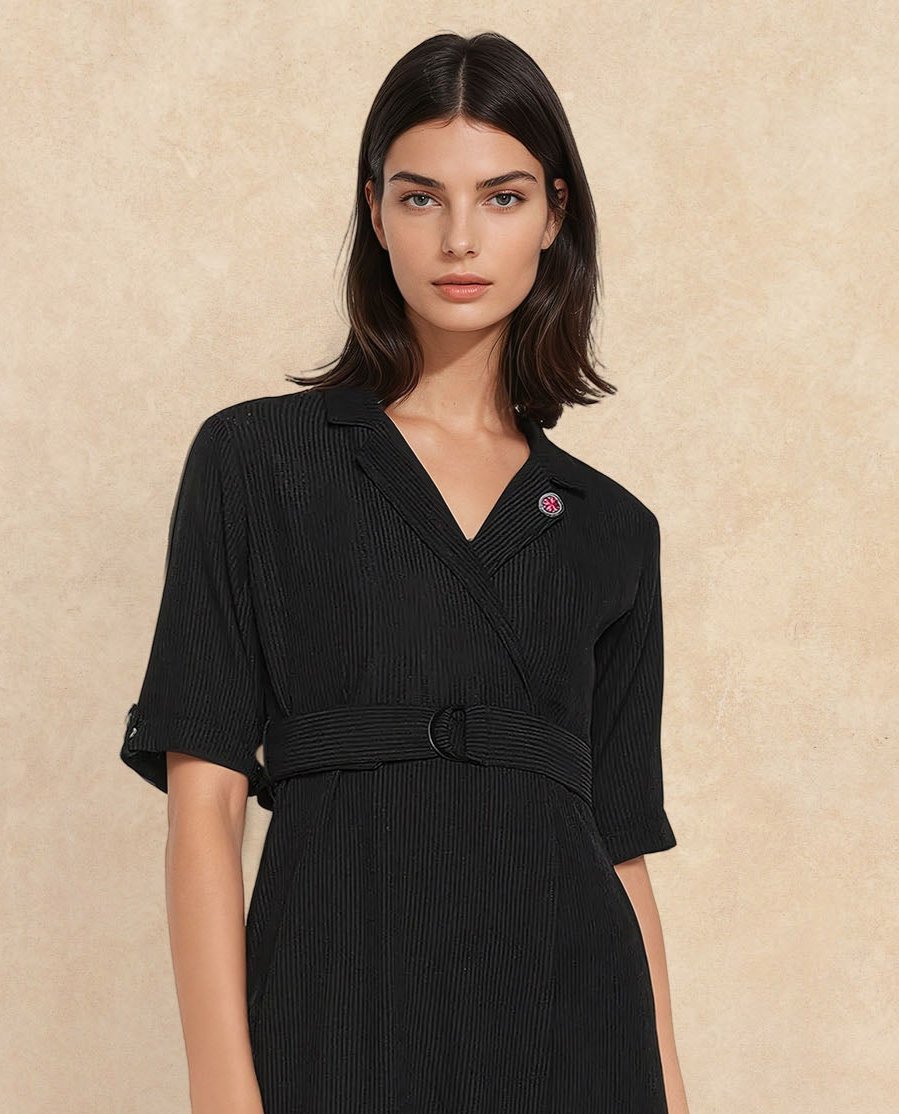 Rareism Women Maso Black Short Sleeves Lapel Neck Zip Closure A-Line Midi Plain Dress