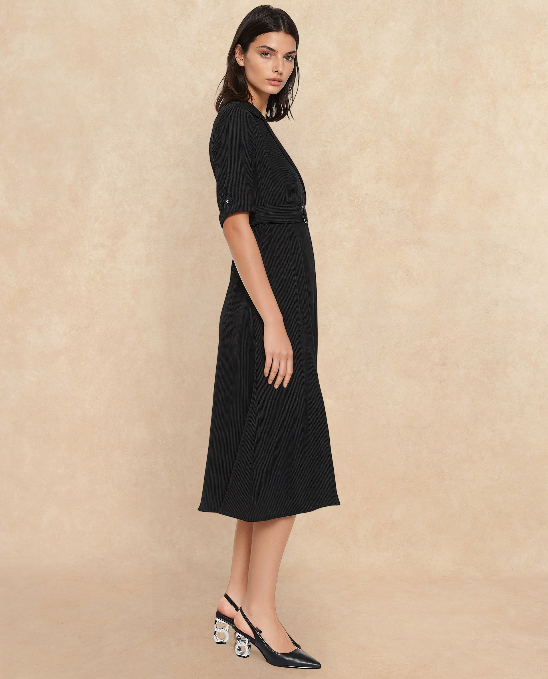 Rareism Women Maso Black Short Sleeves Lapel Neck Zip Closure A-Line Midi Plain Dress