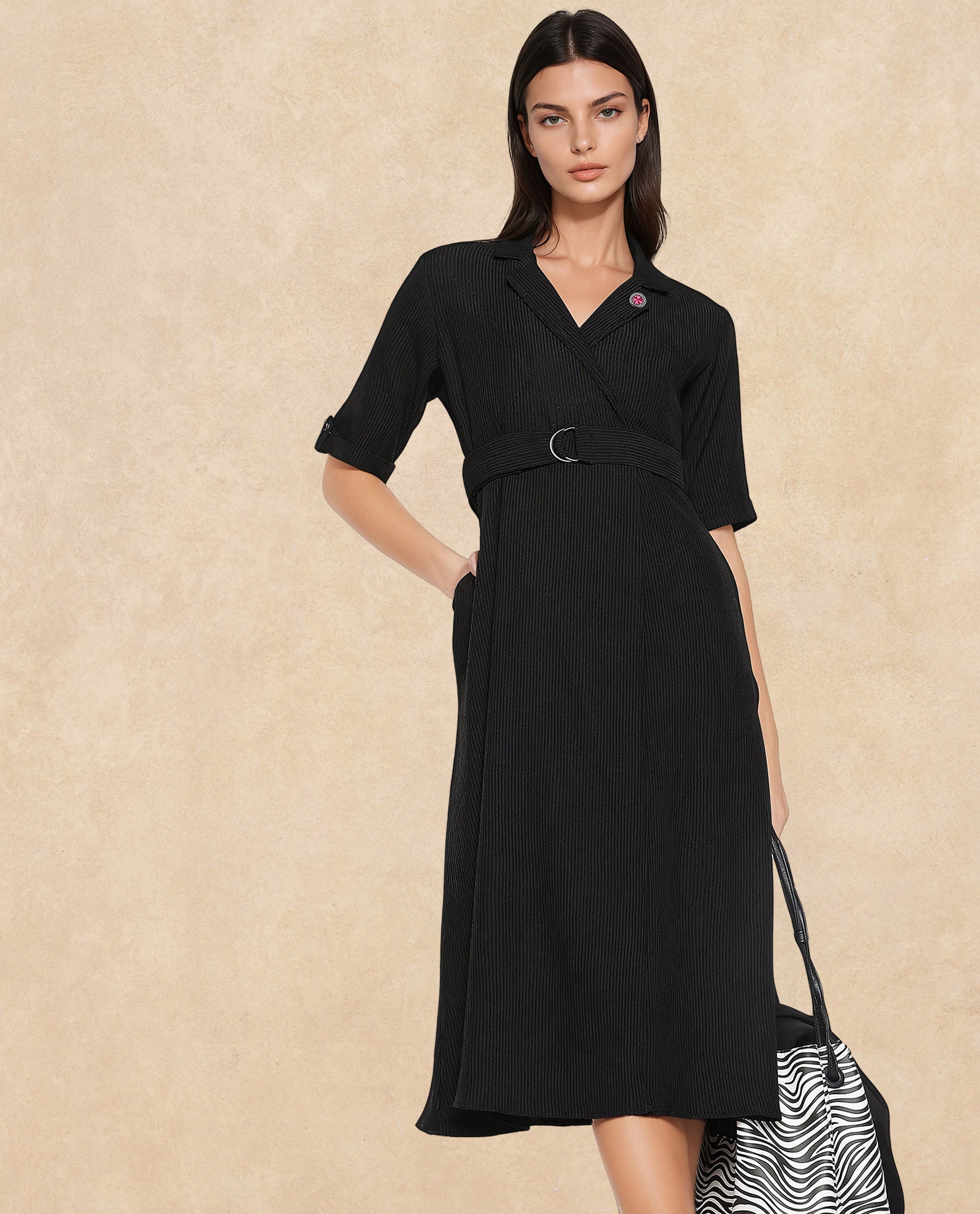 Rareism Women Maso Black Short Sleeves Lapel Neck Zip Closure A-Line Midi Plain Dress