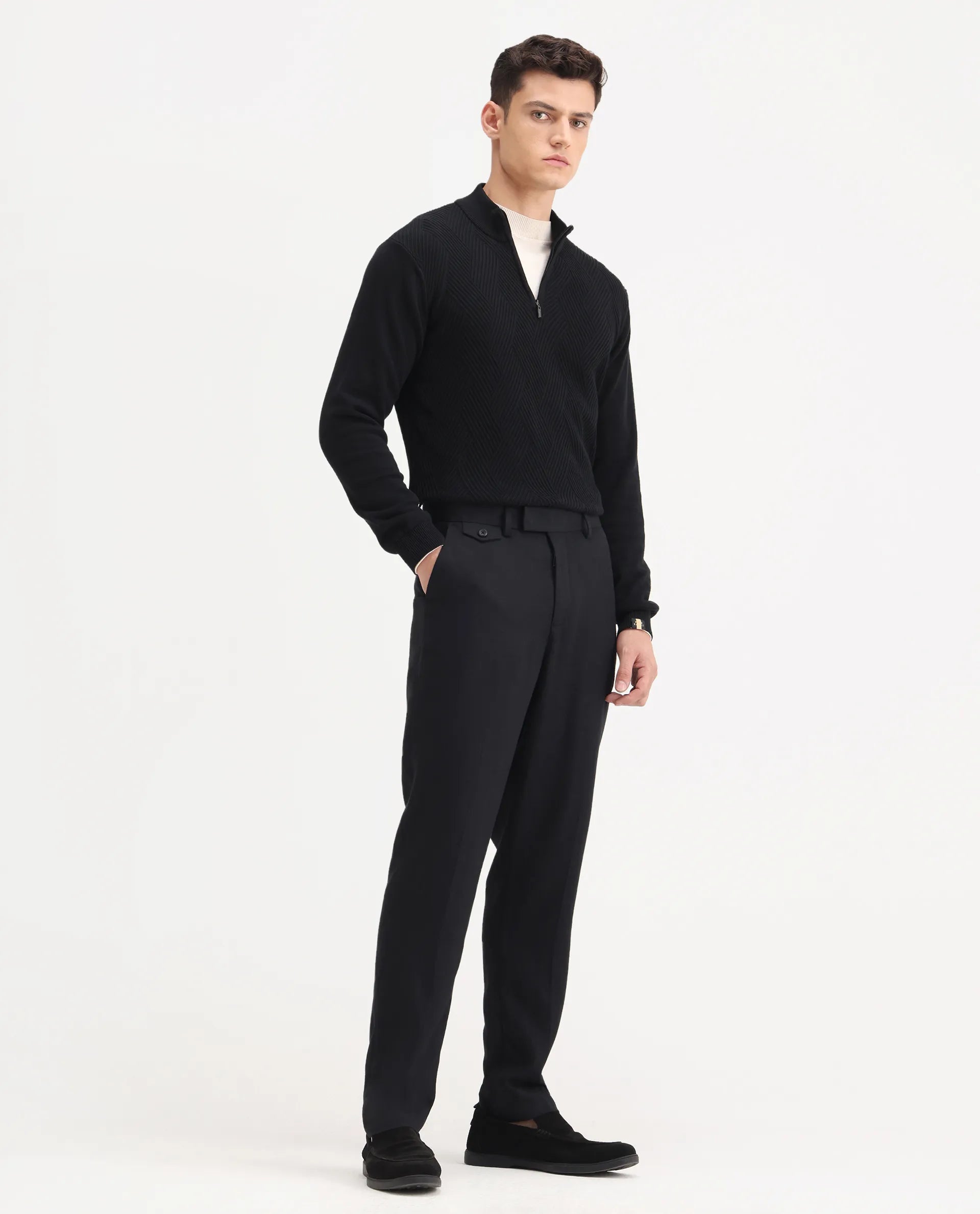 Rare Rabbit Men's Masoni-B Black Linen Blend Plain Relaxed Fit Trouser