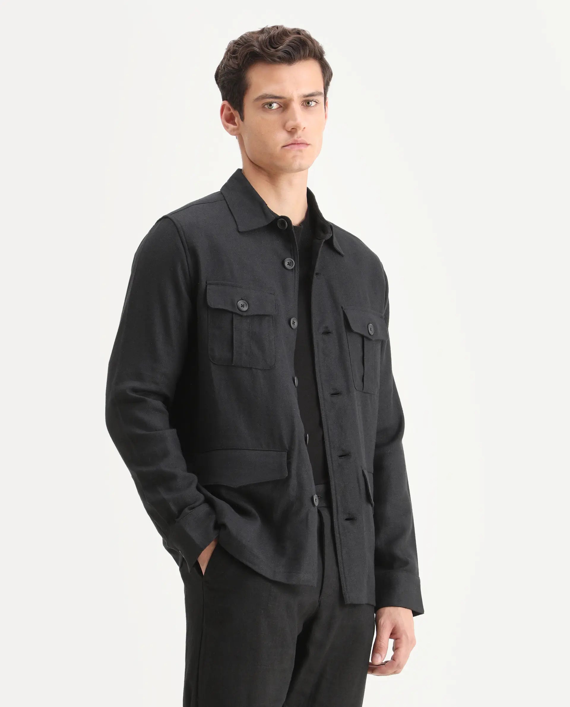 Rare Rabbit Men's Masoni-T Black Linen Blend Fabric Collared Neck Regular Fit Plain Jacket